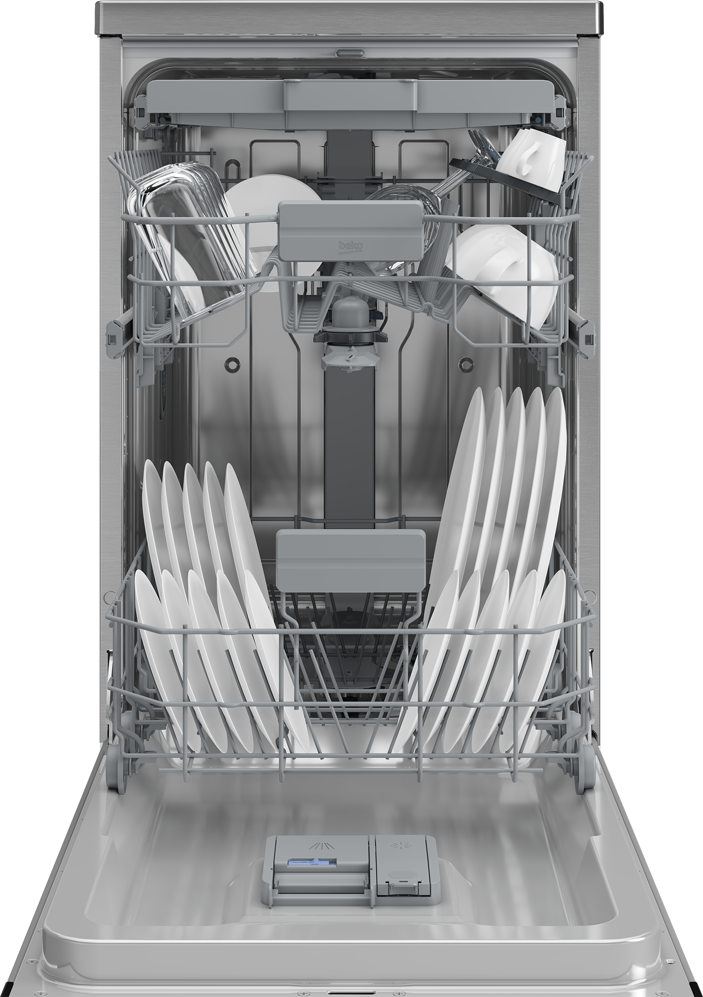 Otwarta zmywarka z białymi talerzami, kubkami i sztućcami. Wnętrze ma kosze i dozownik detergentu. Tło jest ciemne.