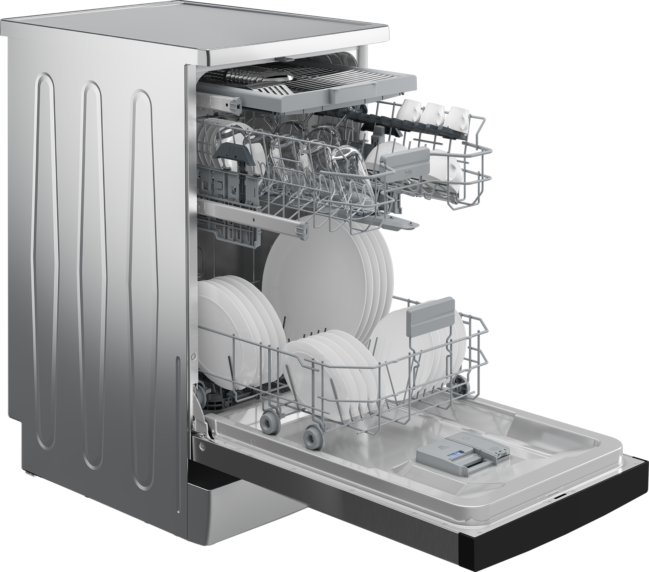 Srebrna zmywarka jest otwarta, wypełniona naczyniami, szklankami i sztućcami. Drzwi są uchylone.