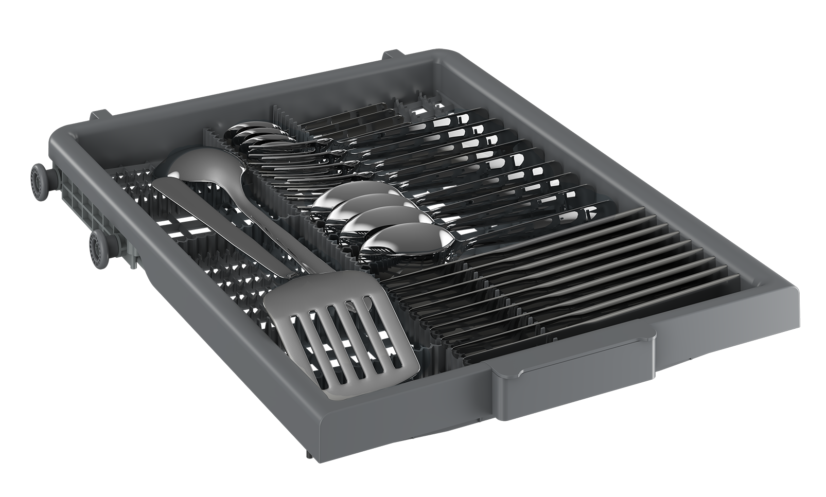 Szara taca na sztućce z różnymi sztućcami, w tym łyżkami, widelcami, nożami i szpatułką, na czarnym tle.