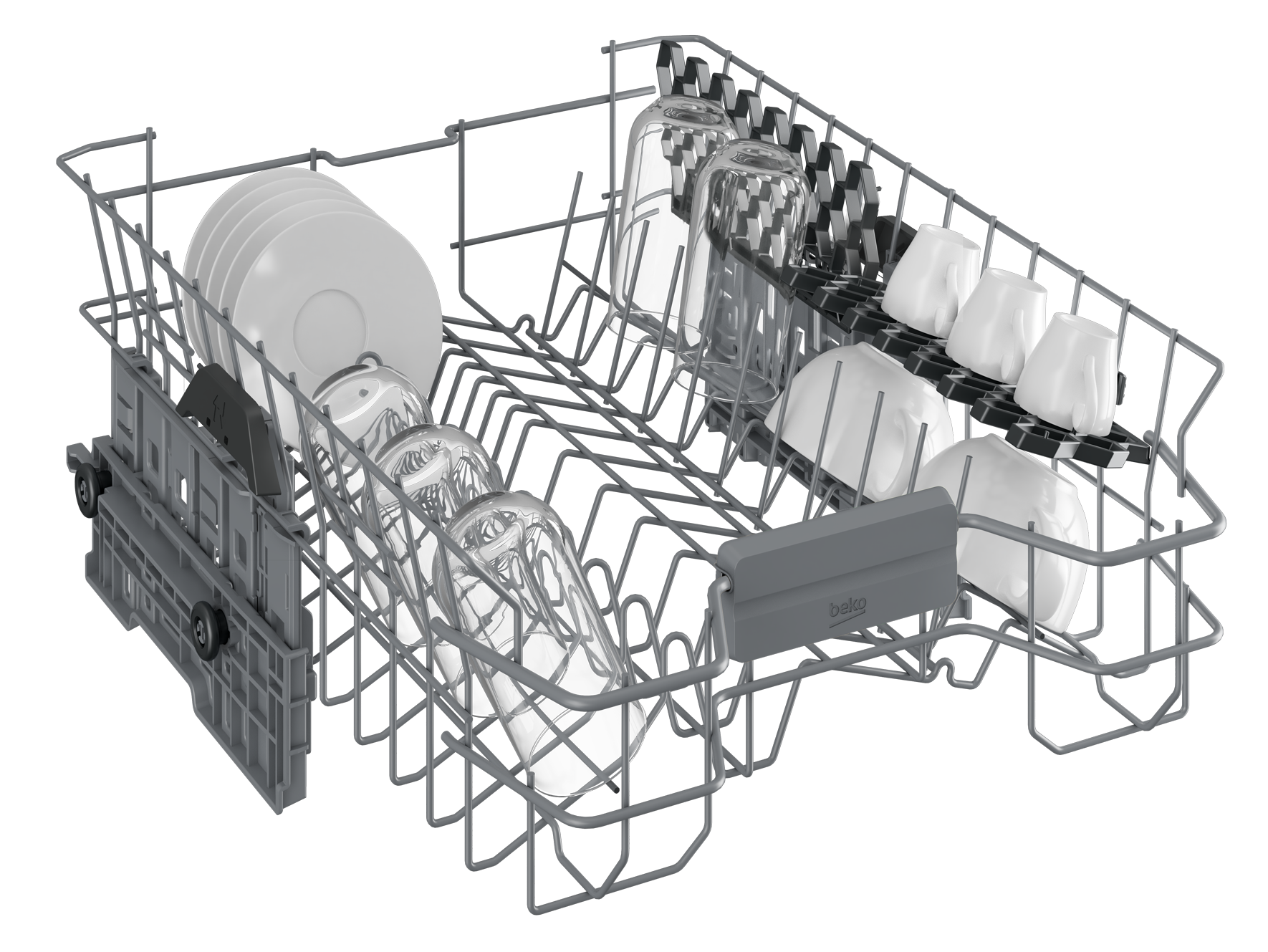 Wnętrze zmywarki z talerzami, szklankami i filiżankami. Przedmioty są ułożone w koszach, gotowe do czyszczenia. Czarne tło.