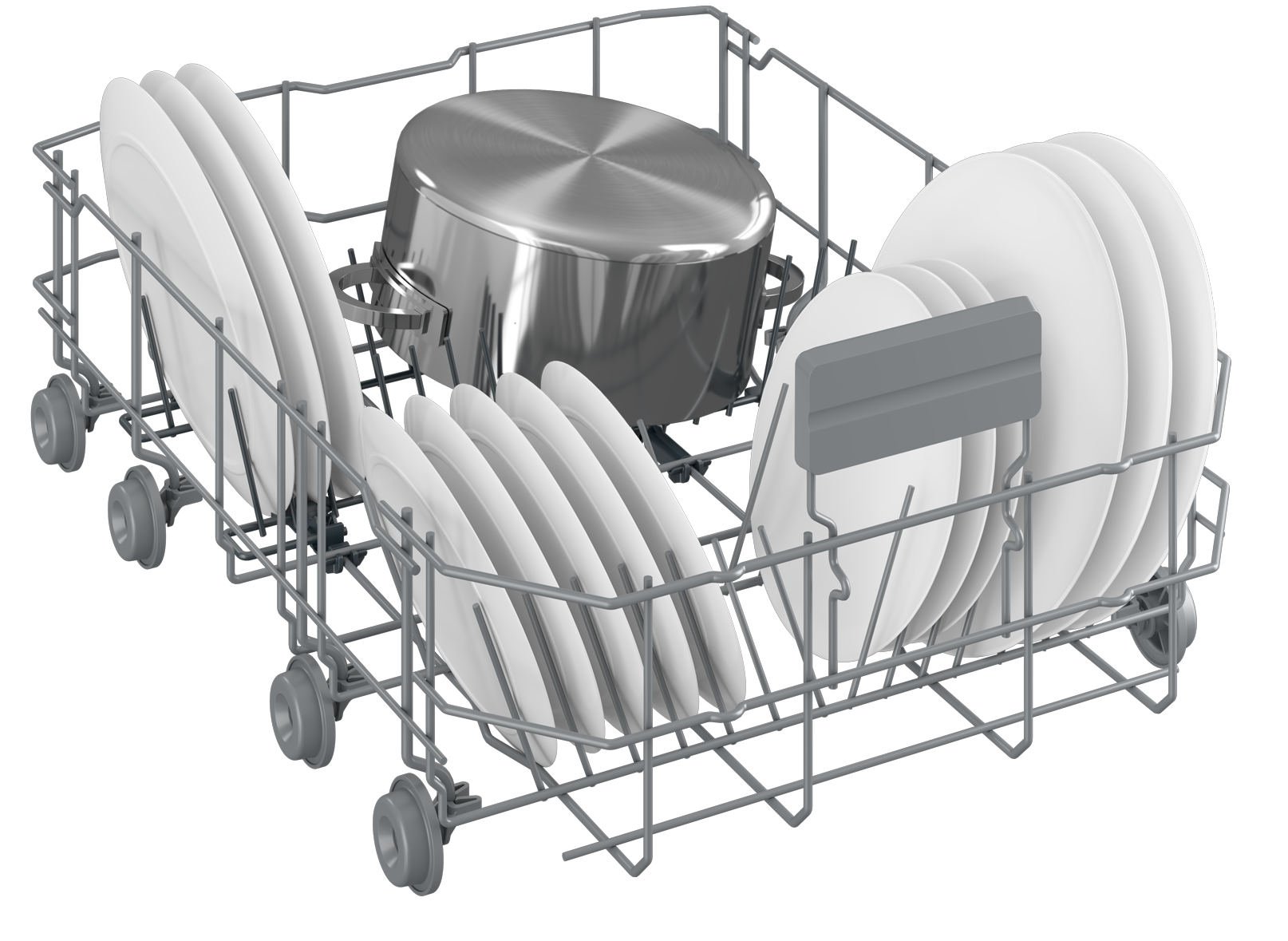 Stojak do zmywarki wypełniony białymi talerzami i metalowym garnkiem. Stojak jest szary, na czarnym tle.
