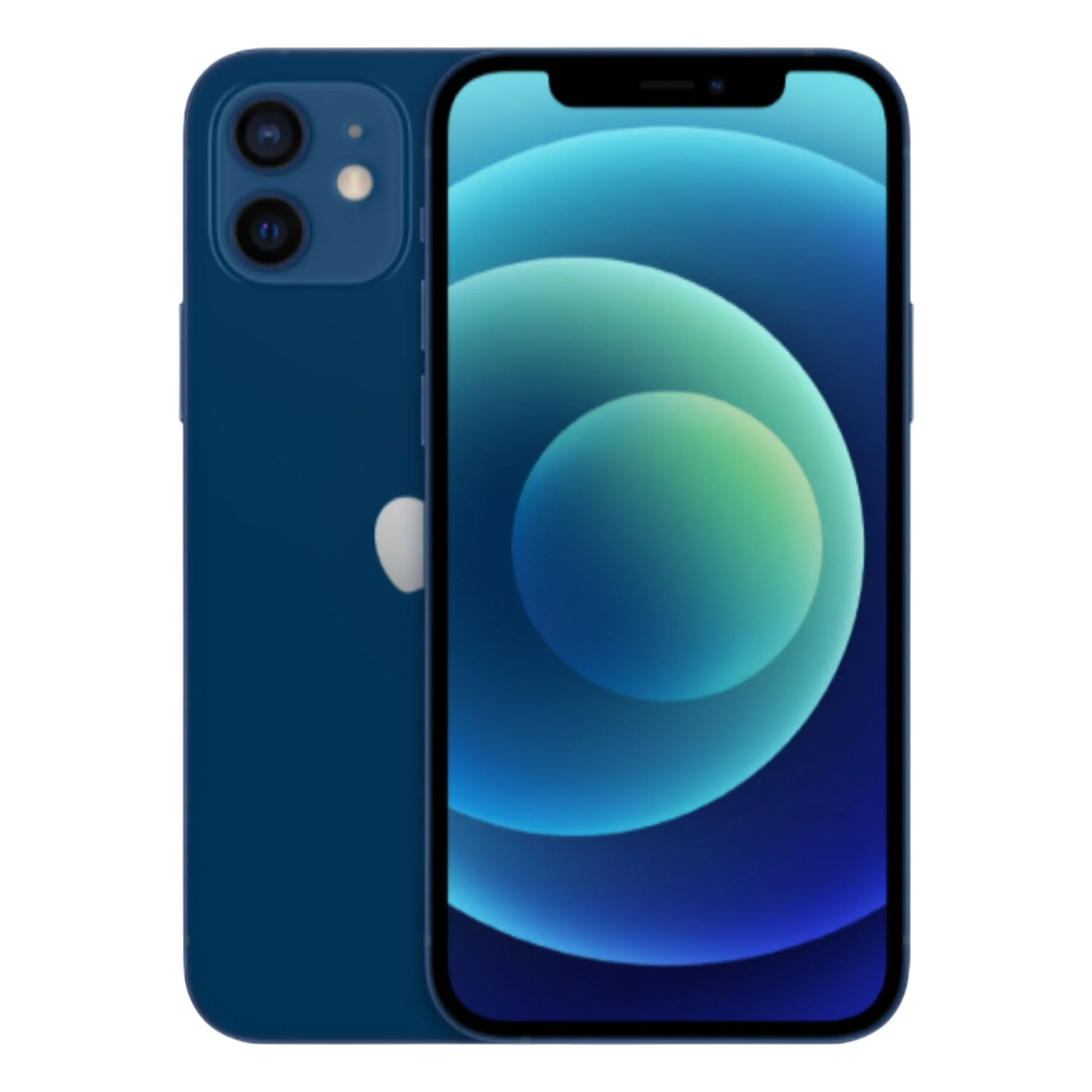 Mavi iPhone 12. İki telefon, biri mavi ve yeşil gradyan daireler içeren ekran, diğeri ise arka ve kameraları gösteriyor.