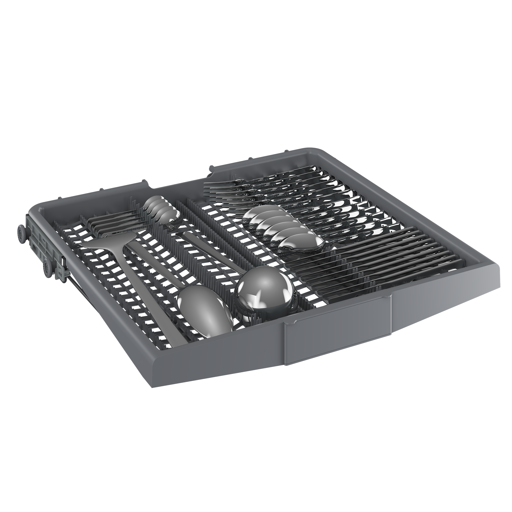 Taca na sztućce w zmywarce wypełniona srebrnymi sztućcami. Widelce, łyżki i noże są starannie ułożone w szarej plastikowej tacy.