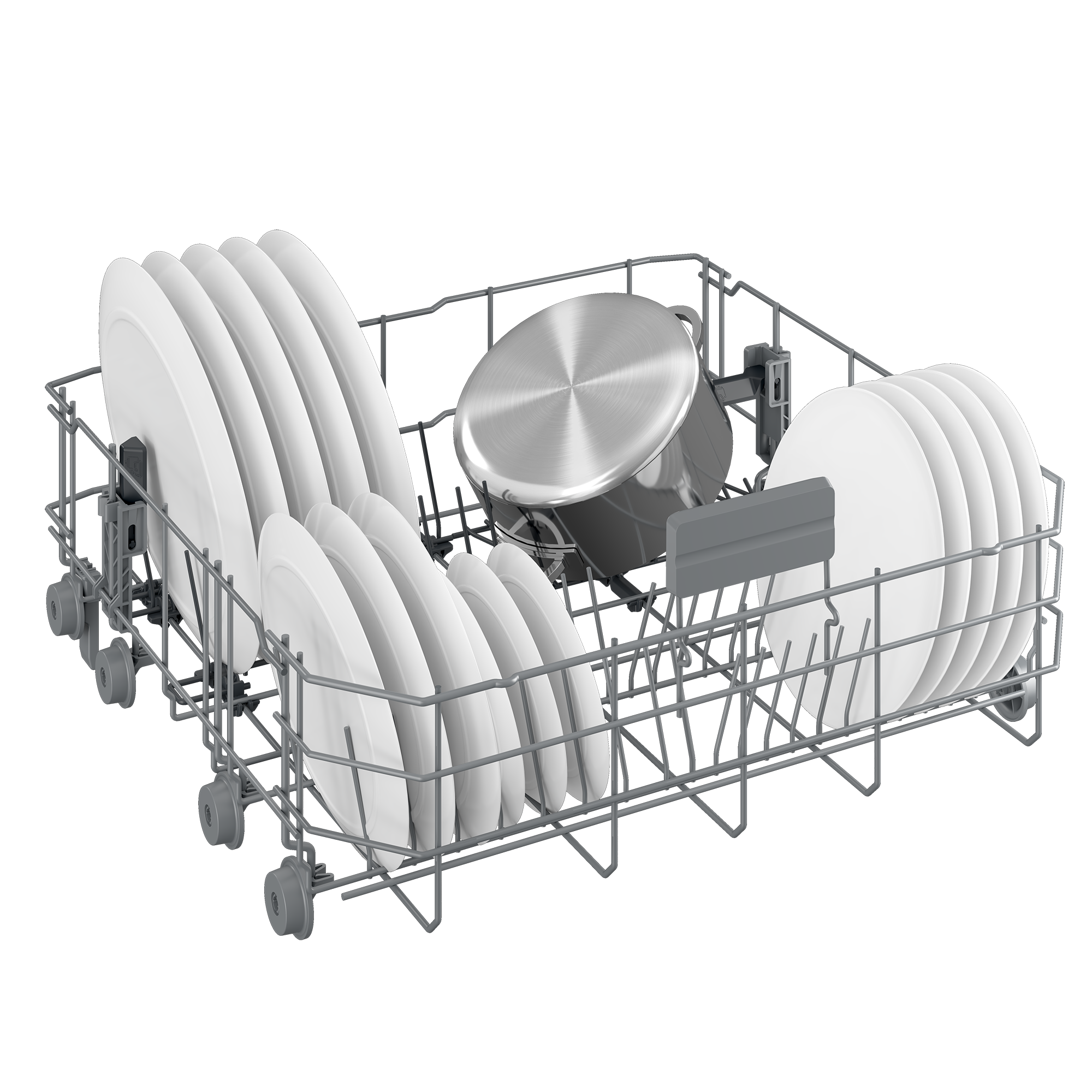 Wnętrze zmywarki z białymi talerzami i garnkiem ze stali nierdzewnej. Talerze są ułożone w stosy i ułożone w koszu.