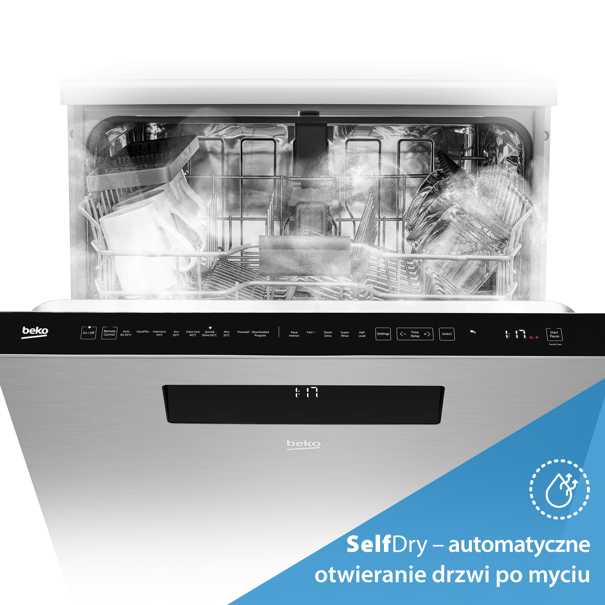 Zmywarka z otwartymi drzwiami, widoczne naczynia. Panel sterowania z ustawieniami i logo beko. Tekst: SelfDry - automatyczne otwieranie drzwi.
