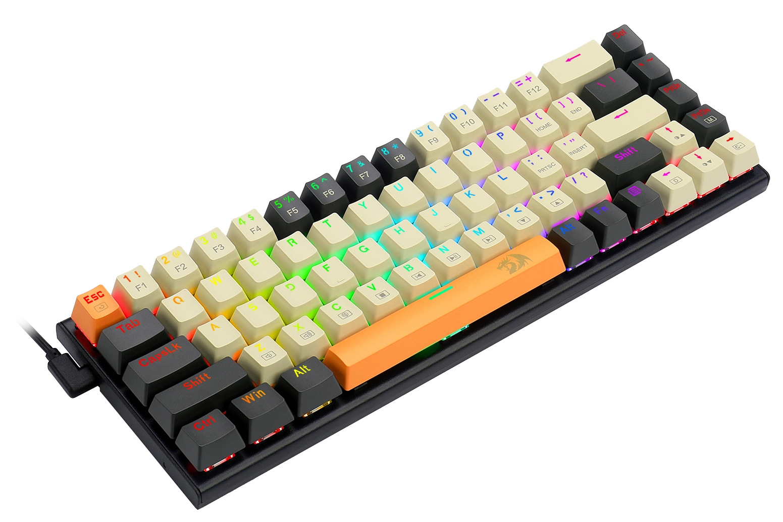 Klawiatura mechaniczna z klawiszami w różnych kolorach, w tym czarnym, białym i pomarańczowym, podświetlana oświetleniem RGB.