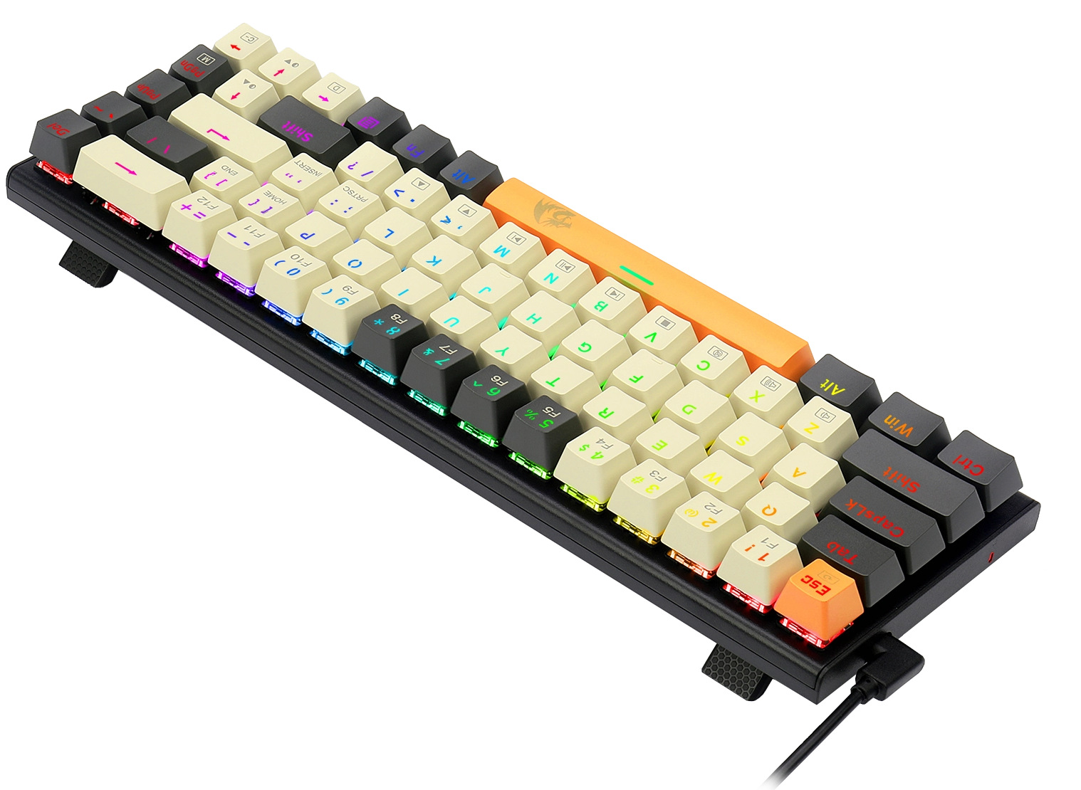 Klawiatura mechaniczna z klawiszami w różnych kolorach. Klawisze są białe, czarne, pomarańczowe i zielone. Klawiatura jest czarna.