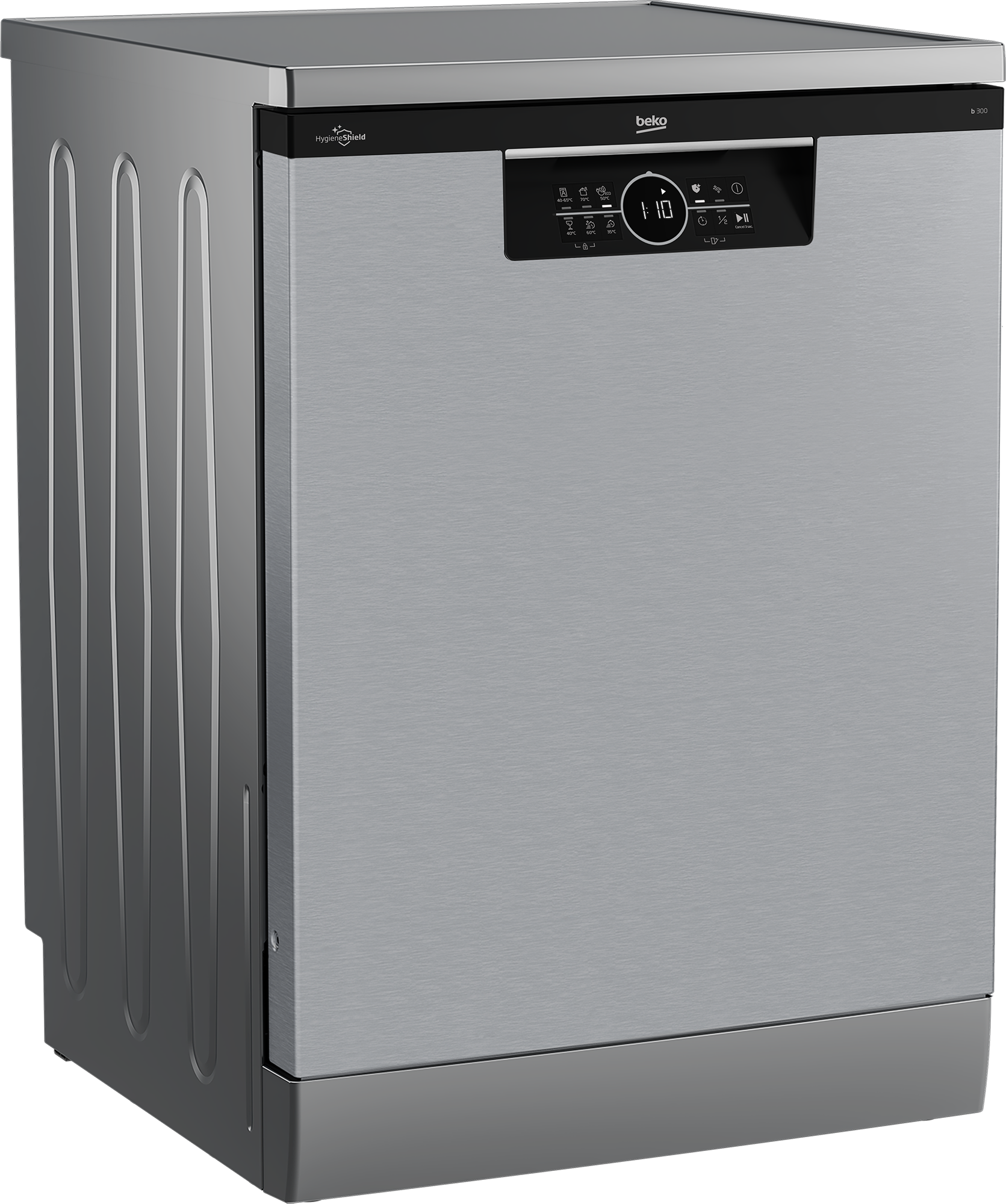 Srebrna zmywarka Beko. Posiada panel sterowania z przyciskami i wyświetlacz cyfrowy z 1:10. Widoczne jest logo HygieneShield.