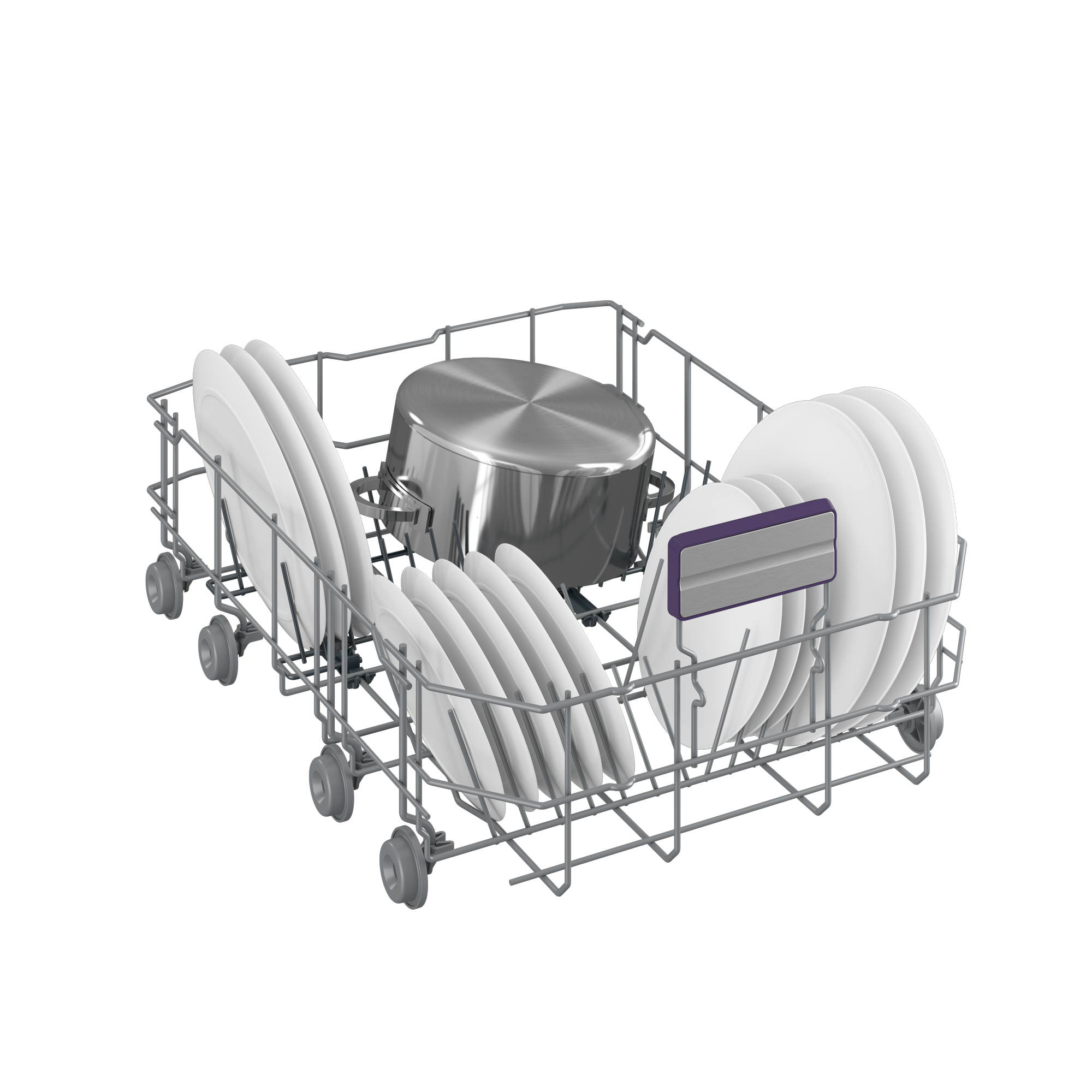 W zmywarce białe talerze, garnek ze stali nierdzewnej i kosz. Czarne tło.