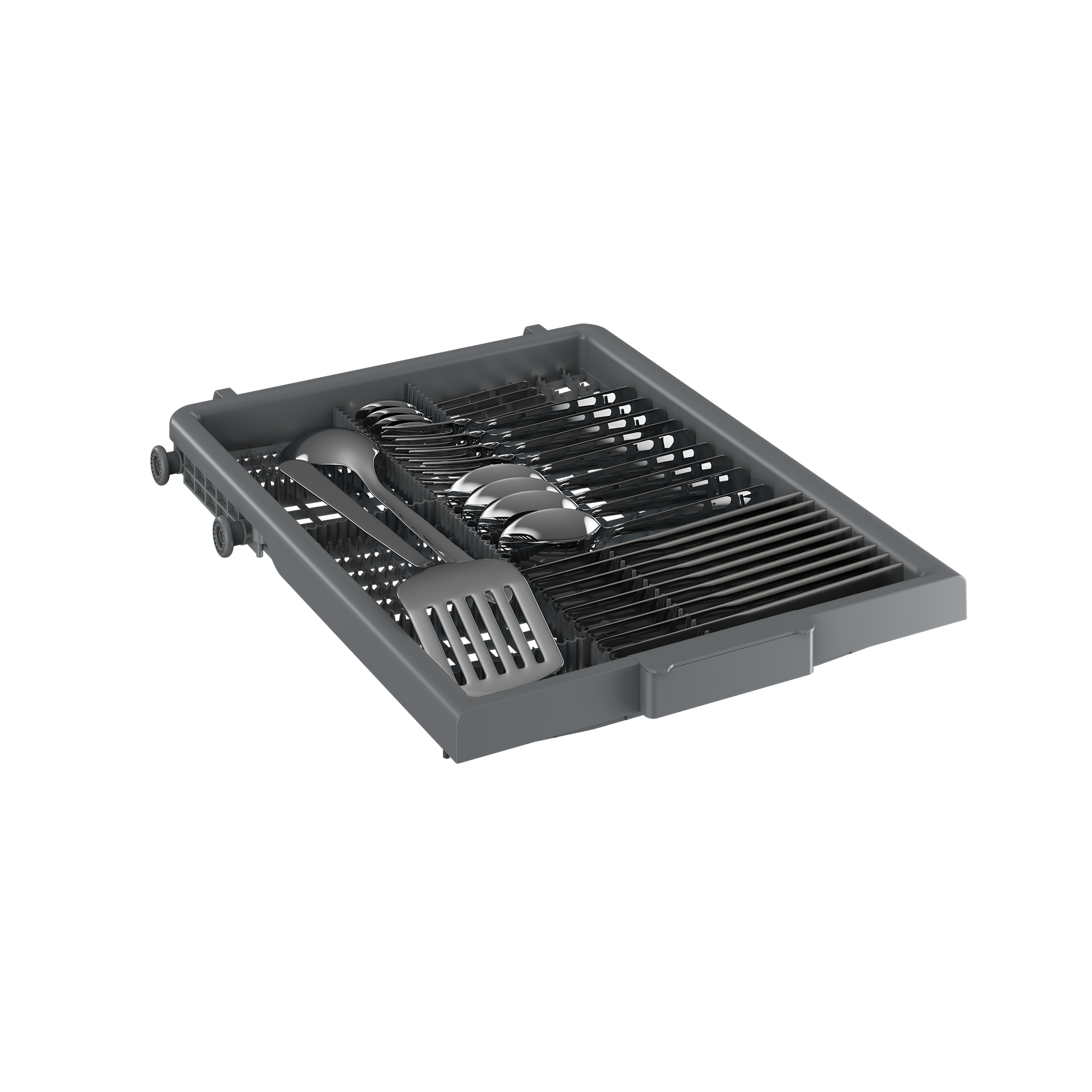 Szara taca na sztućce do zmywarki ze sztućcami. Łyżki, widelce, noże i szpatułka są starannie ułożone w tacy.