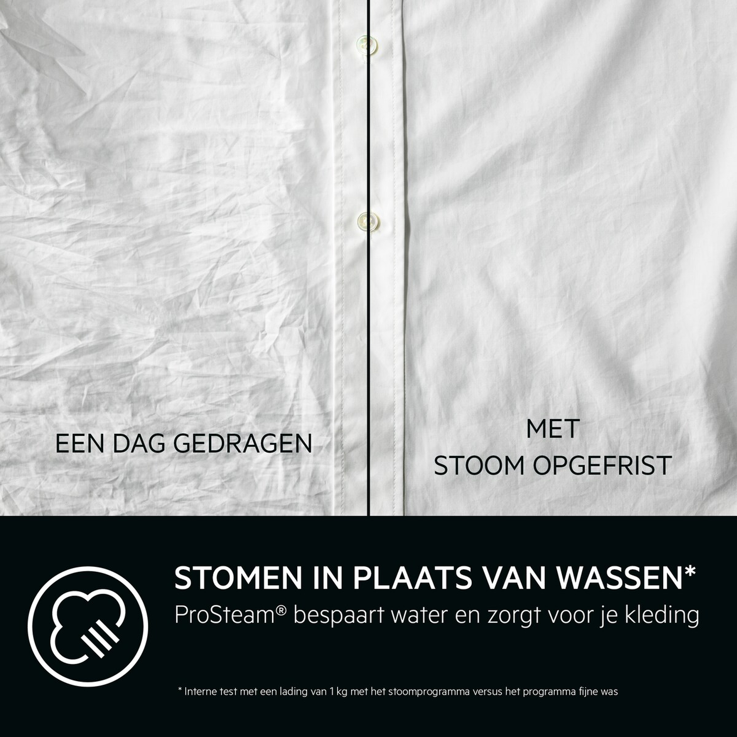 Image shows a white shirt before and after steaming. One side is wrinkled, labeled 'worn a day.' The other side is smooth.