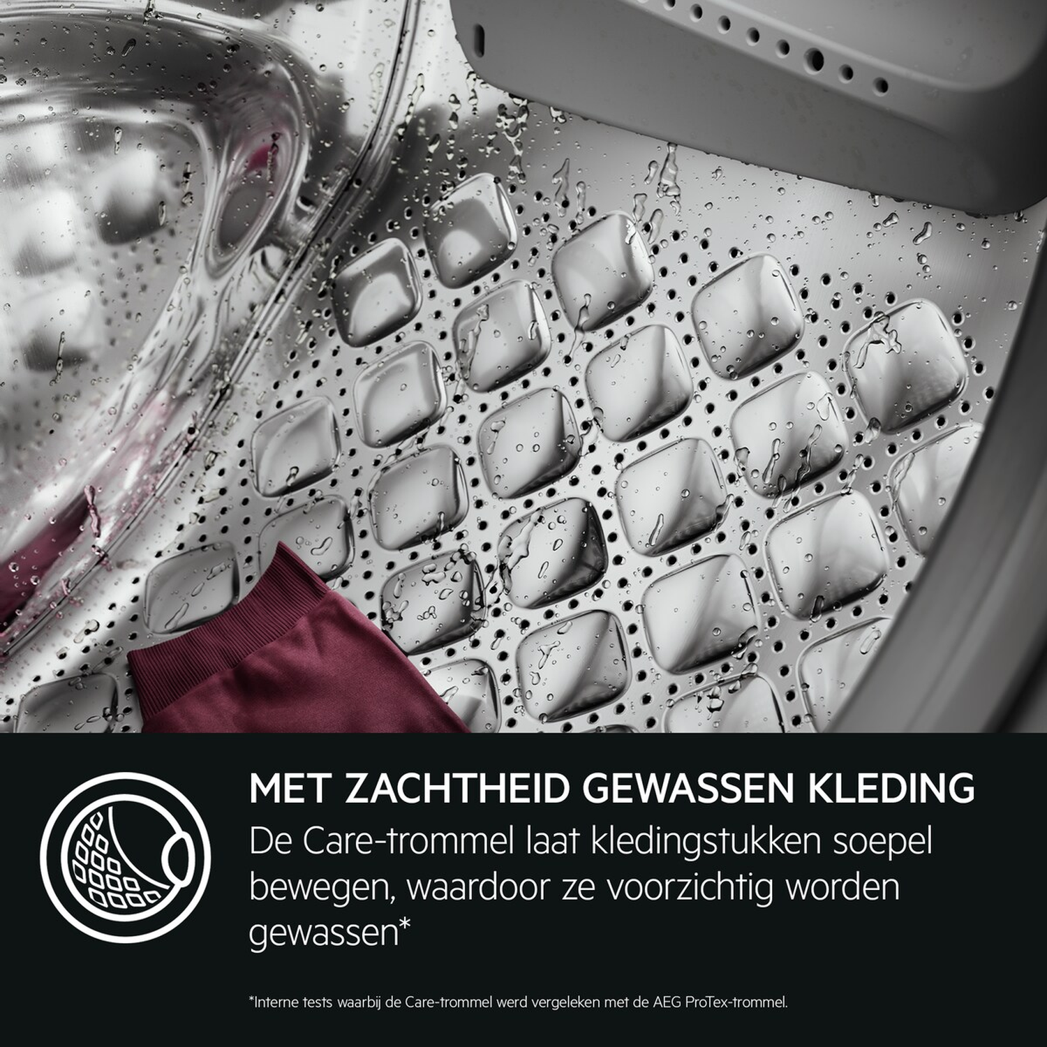 Inside of a washing machine with water droplets. A maroon garment piece is in the foreground. Text at the bottom describes gentle washing.
