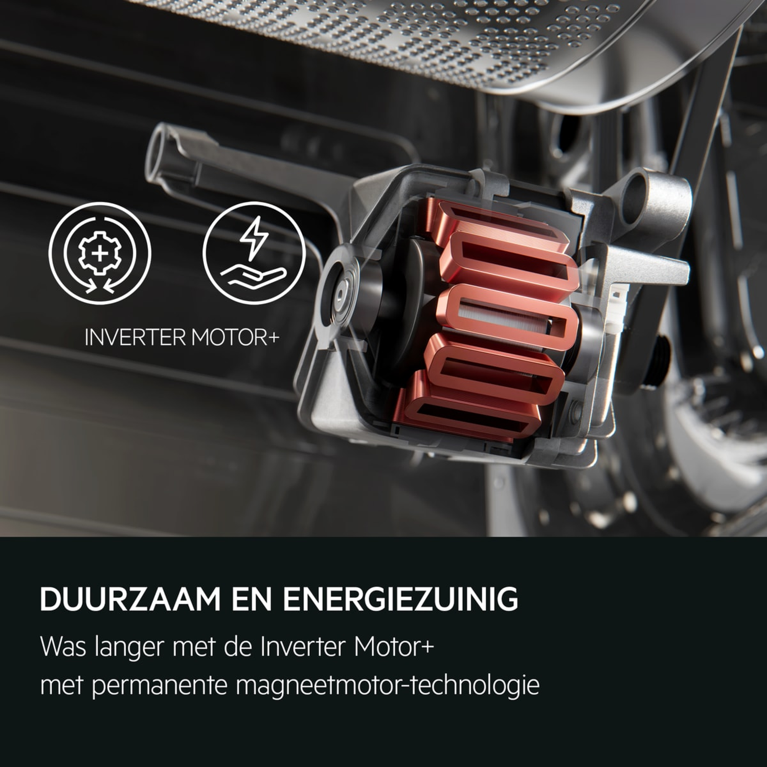 An Inverter Motor+ with a red copper-colored rotor and the text 'DUURZAAM EN ENERGIEZUINIG' on a dark background.
