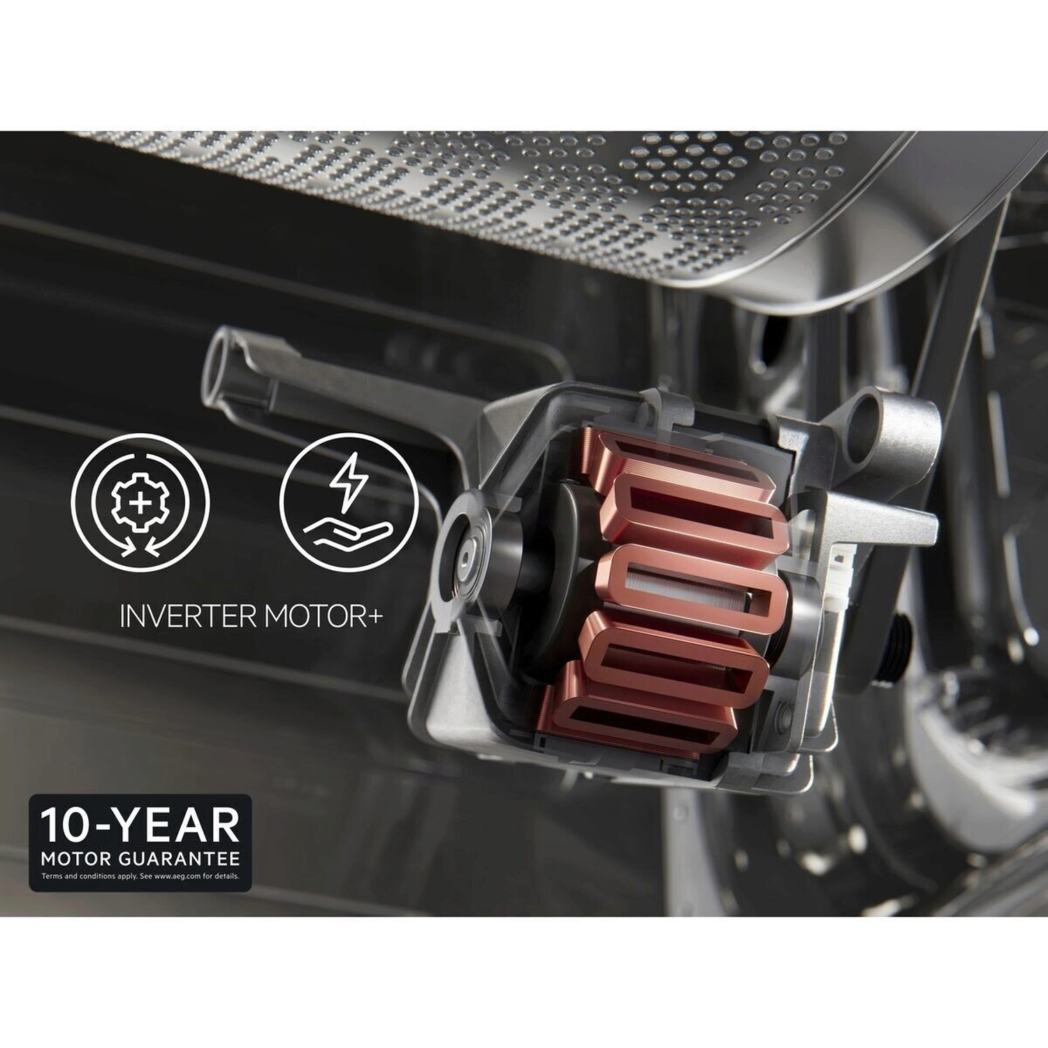 Close-up of a washing machine motor. Copper coils are visible inside the motor. Text indicates 'Inverter Motor+' and a 10-year motor guarantee.