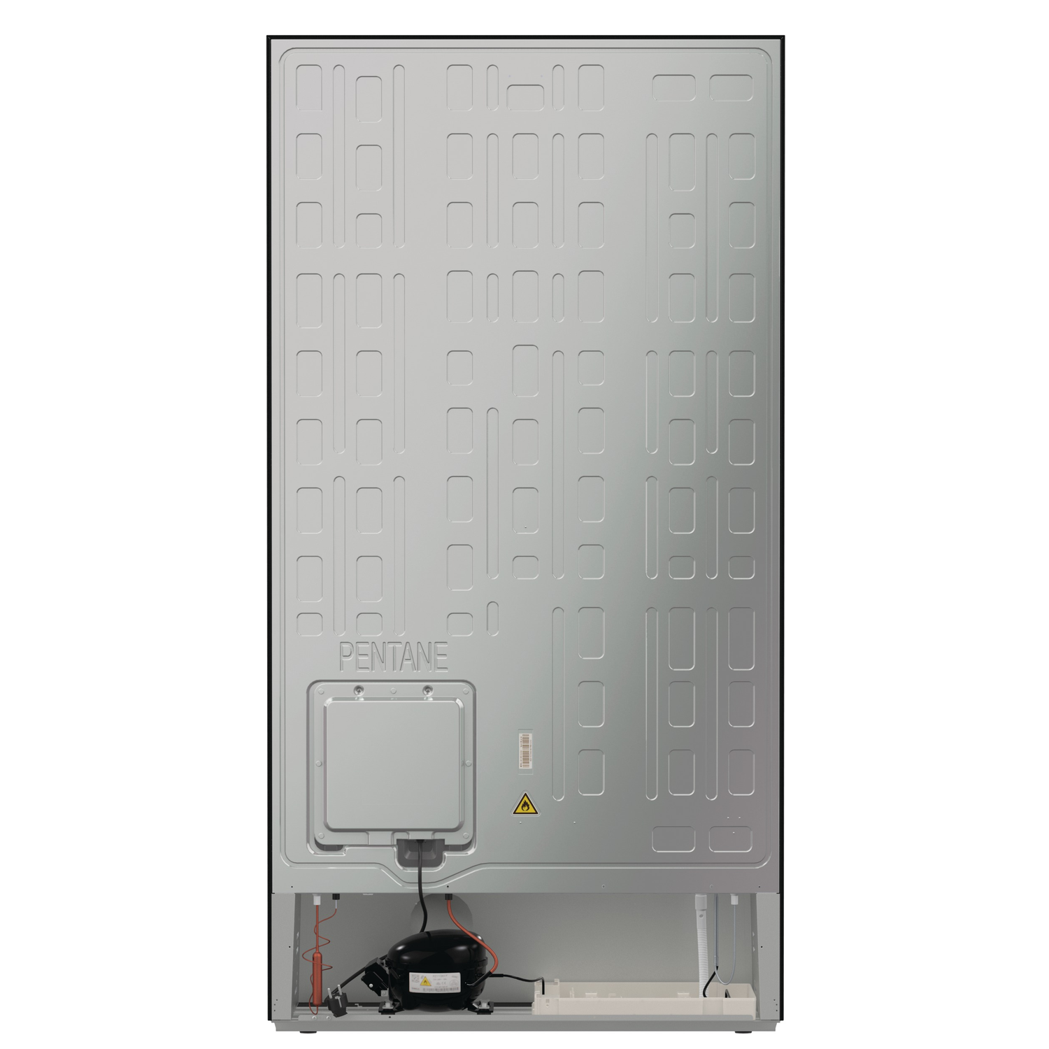 Back of a refrigerator. Gray metal panel with embossed rectangles. Bottom has black compressor and wiring.  Warning label present.