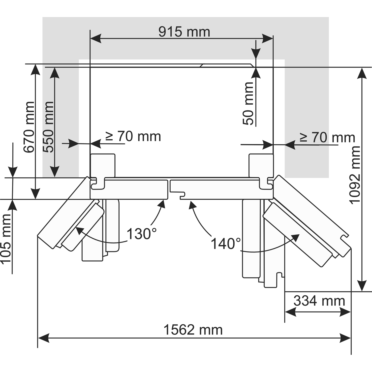 Diagram showing dimensions: 1562mm, 1092mm, 915mm, and others. Angles of 130° and 140° are present, along with multiple measurements.