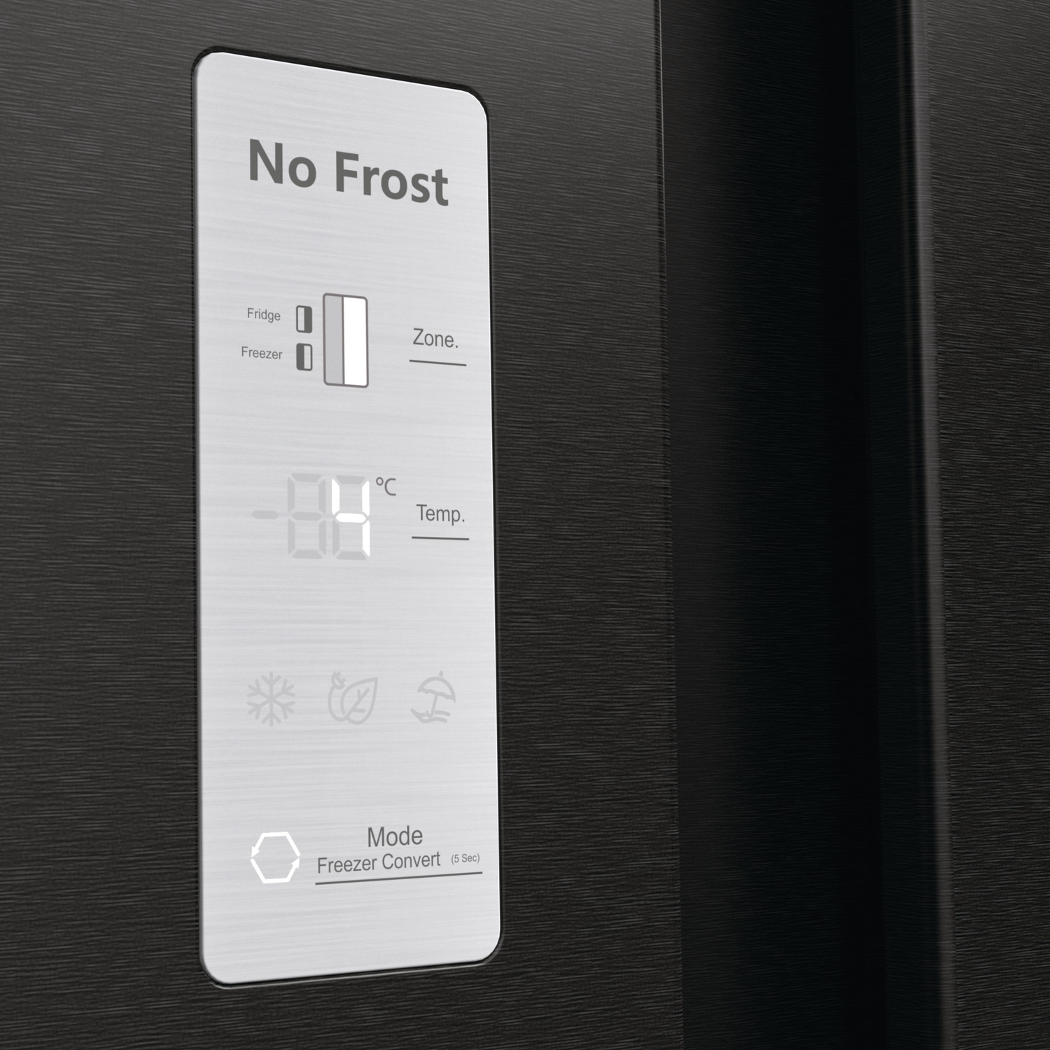 A close-up of a fridge control panel. It displays 'No Frost', temperature, and mode settings. The panel is silver, the fridge is black.
