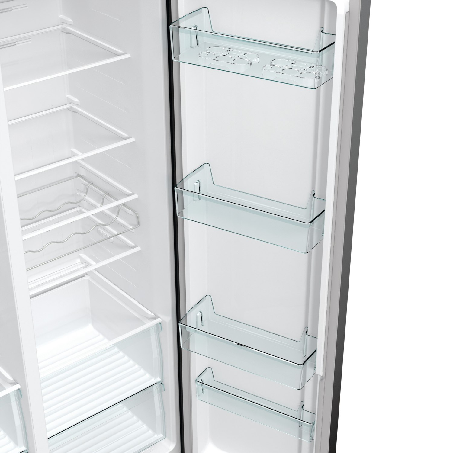 An open, empty white refrigerator interior. It has multiple glass shelves and door compartments for storage. The interior is clean.