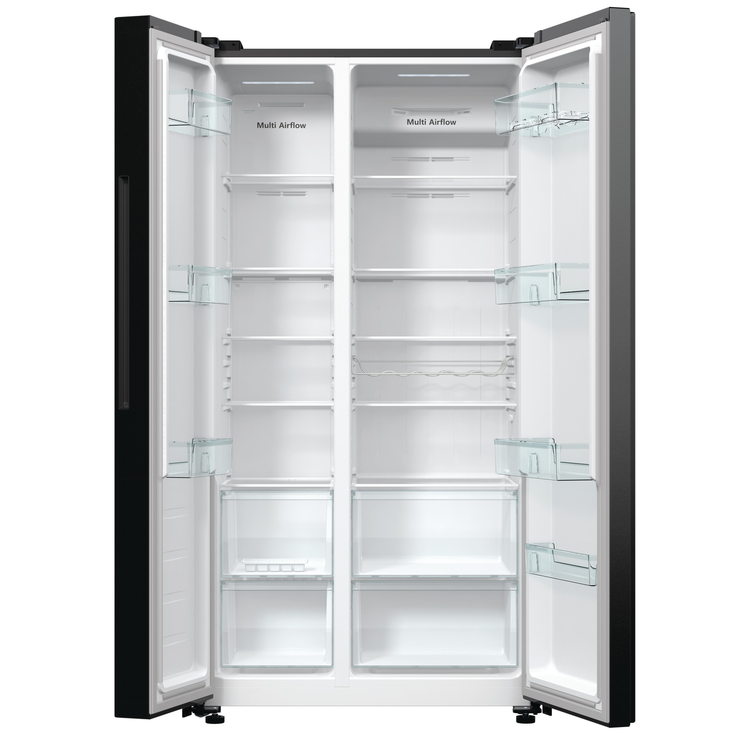 An open, empty black refrigerator. Glass shelves and drawers are visible inside. The words 'Multi Airflow' are on the back wall.