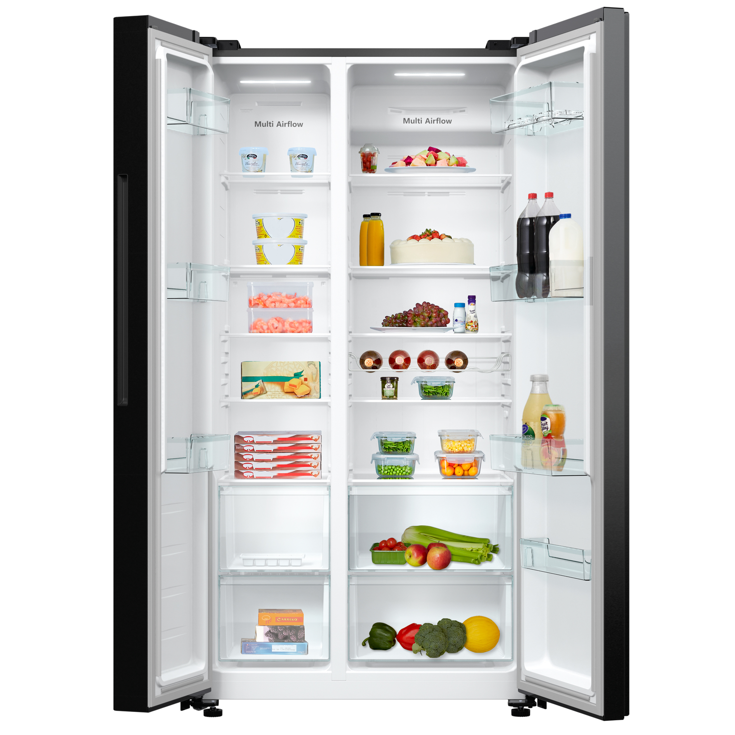 Open refrigerator filled with food items. Fruits, vegetables, drinks, and packaged goods are arranged on shelves, displayed.