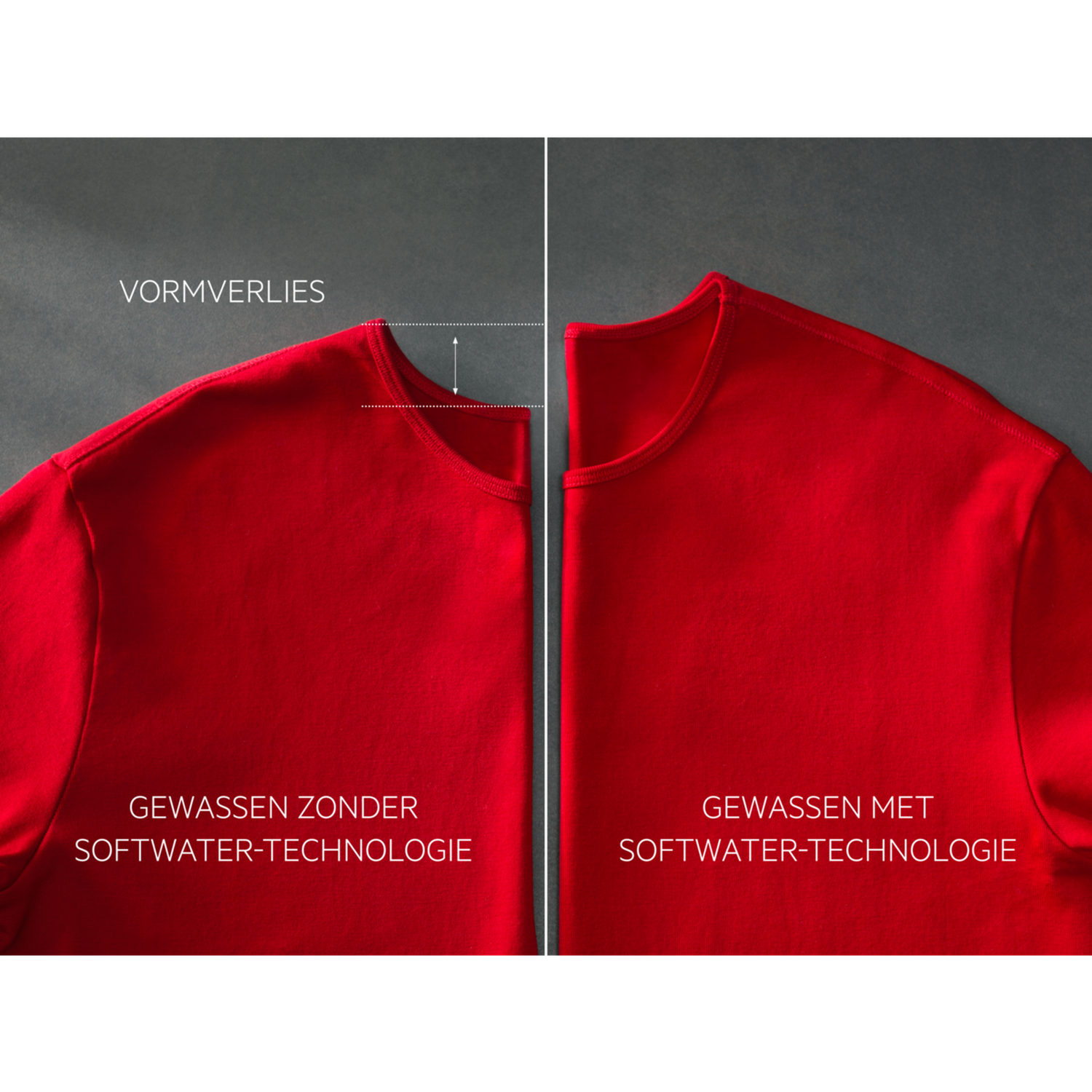 Red T-shirts side by side. Text reads 'Vormverlies' and 'Gewassen zonder/met software-technologie,' comparing shape retention.