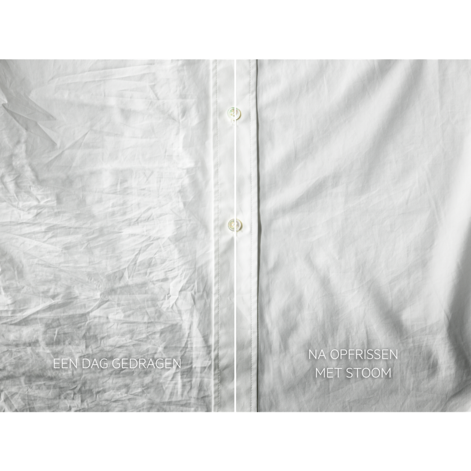 A white shirt shows a before and after steam cleaning. The left side is crumpled, labeled 'Een dag gedragen'. The right side is smooth.