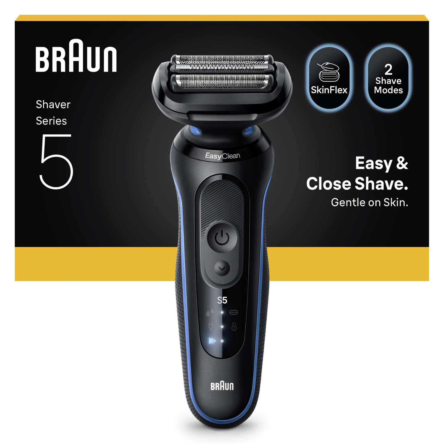 Afeitadora Braun Serie 5. Diseño negro y azul con SkinFlex y 2 modos de afeitado. Características Easy & Close Shave, suave.