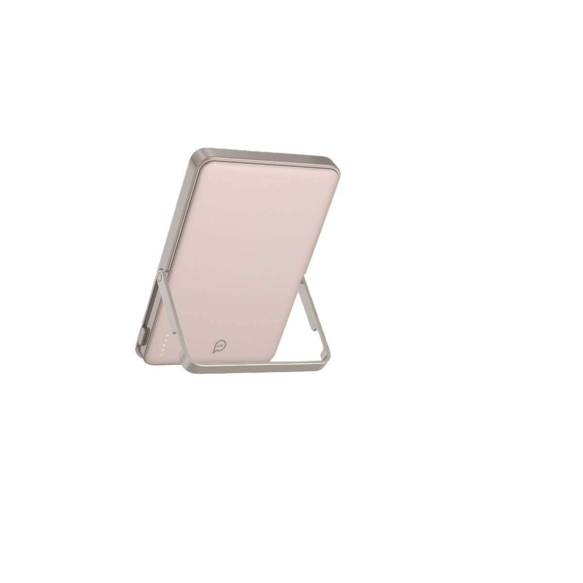 Siyah arka plan üzerinde gümüş bir standa sahip açık pembe bir powerbank. Powerbank'in bir logosu ve şarj ışıkları var.