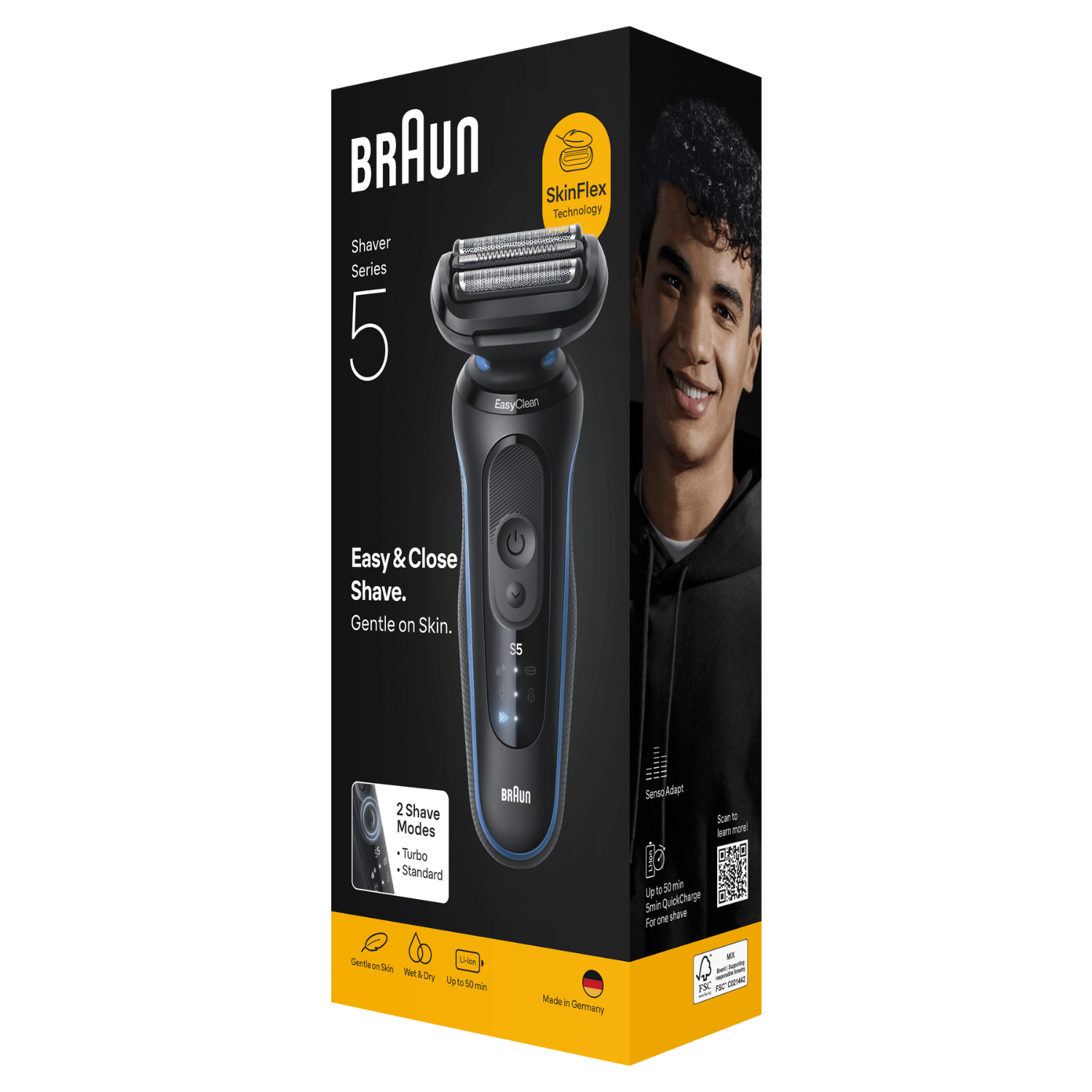 Caja de afeitadora eléctrica Braun Series 5. Presenta a un hombre sonriente, imagen de afeitadora y detalles sobre modos de afeitado y batería.