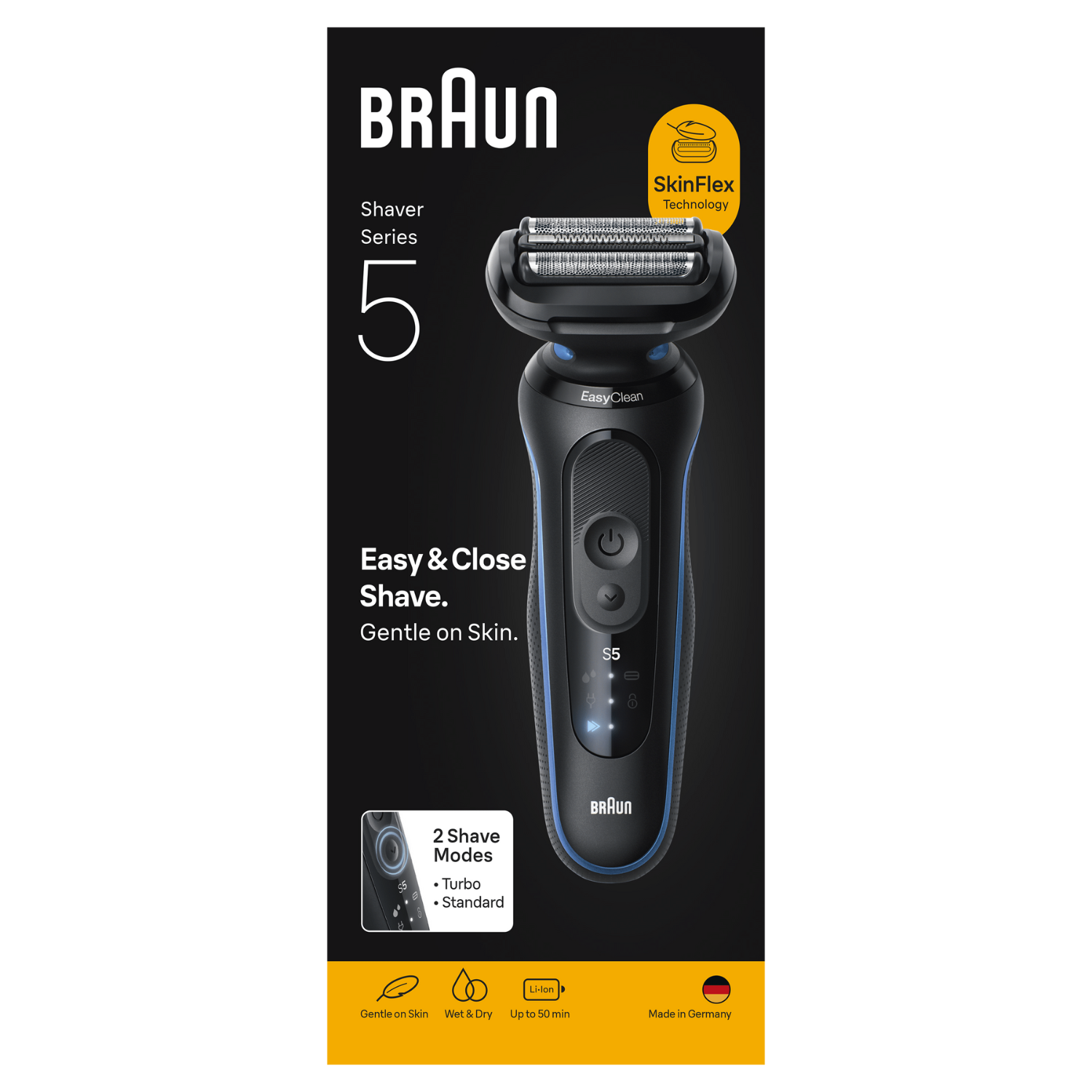 Afeitadora eléctrica Braun Series 5 sobre fondo negro. Tiene un cuerpo negro y azul, con un cabezal plateado y varios iconos.