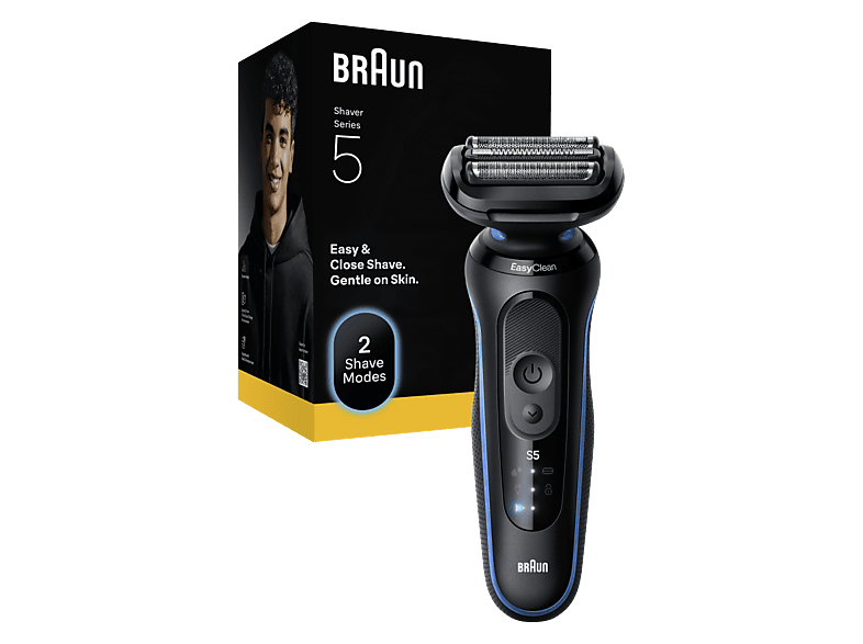 Afeitadora - Braun Series 5 52-B1000S, 3 láminas de corte SkinFlex, Modo turbo, 50 min autonomía, Afeitado en seco y mojado, Azul