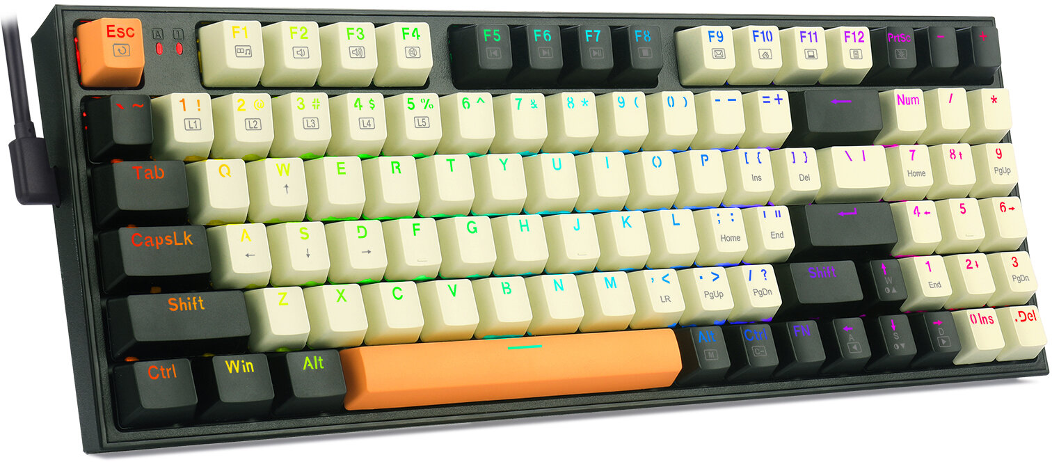 Klawiatura mechaniczna z różnymi klawiszami. Klawisze są kremowe z czarnymi i pomarańczowymi akcentami.