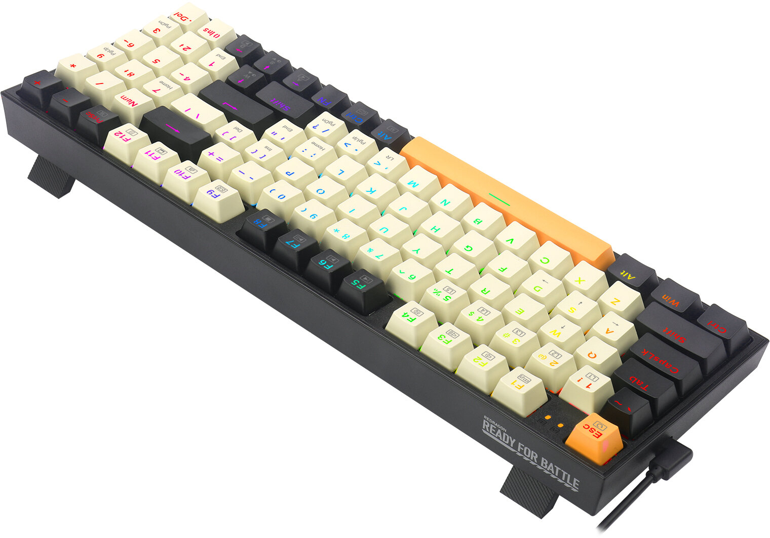 Klawiatura mechaniczna z białymi i czarnymi klawiszami. Spacja i klawisz escape są pomarańczowe. Rama jest czarna, a klawisze mają białe litery.
