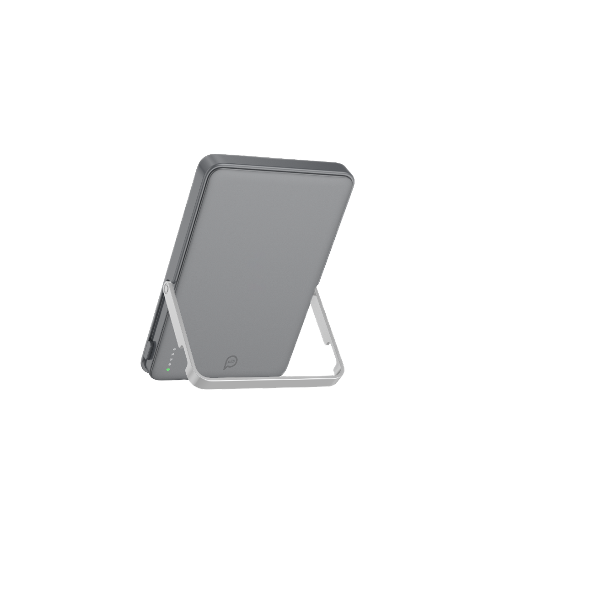 Gri bir tablet benzeri cihaz, beyaz bir stand ile destekleniyor. Cihazın yuvarlak köşeleri ve küçük bir logosu var. Arka plan siyah.