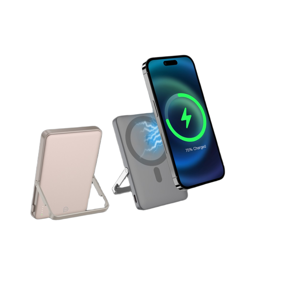Gri bir şarj cihazında kablosuz şarj olan bir telefon, %75 şarj gösteriyor. Pembe bir powerbank solda. Hepsi siyah bir arka plan üzerinde.
