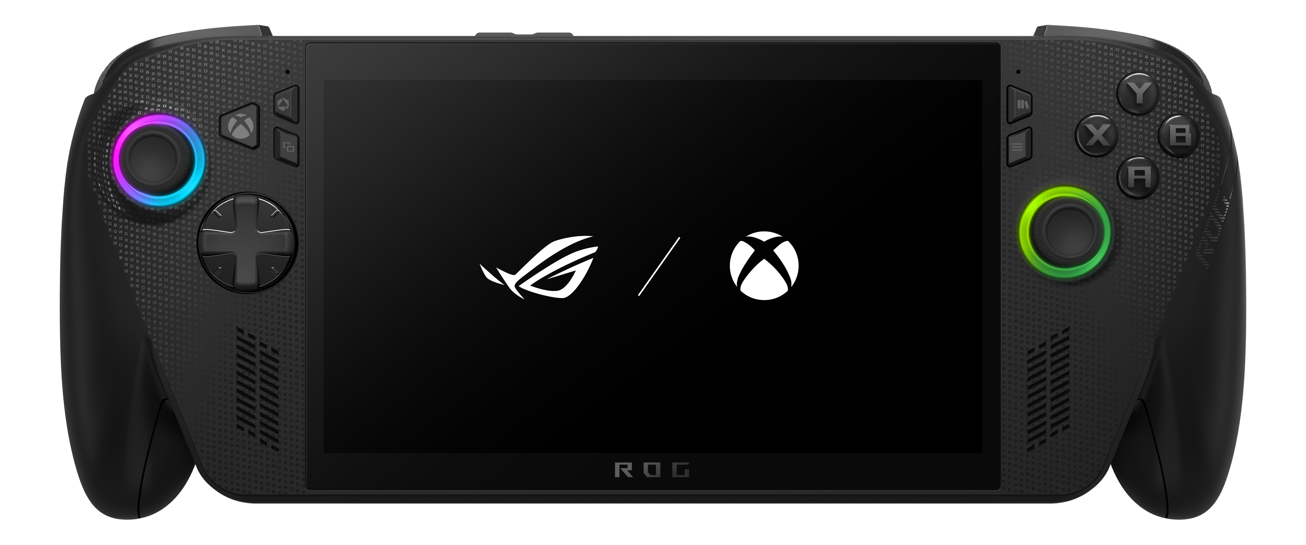 Ein schwarzes Handheld-Gaming-Gerät mit einem Bildschirm, der weiße Logos anzeigt. Es hat Bedienelemente auf beiden Seiten und einen schwarzen Hintergrund.