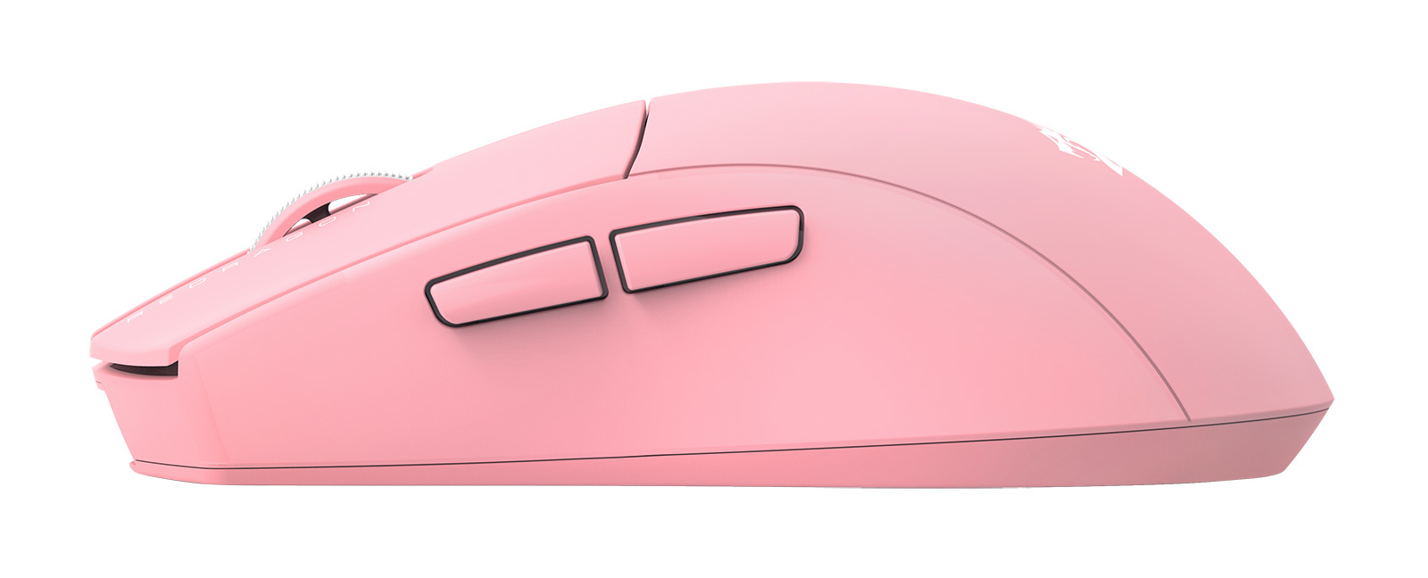 Różowa mysz komputerowa. Ma dwa czarne przyciski z boku i kółko przewijania. Mysz jest na białym tle.