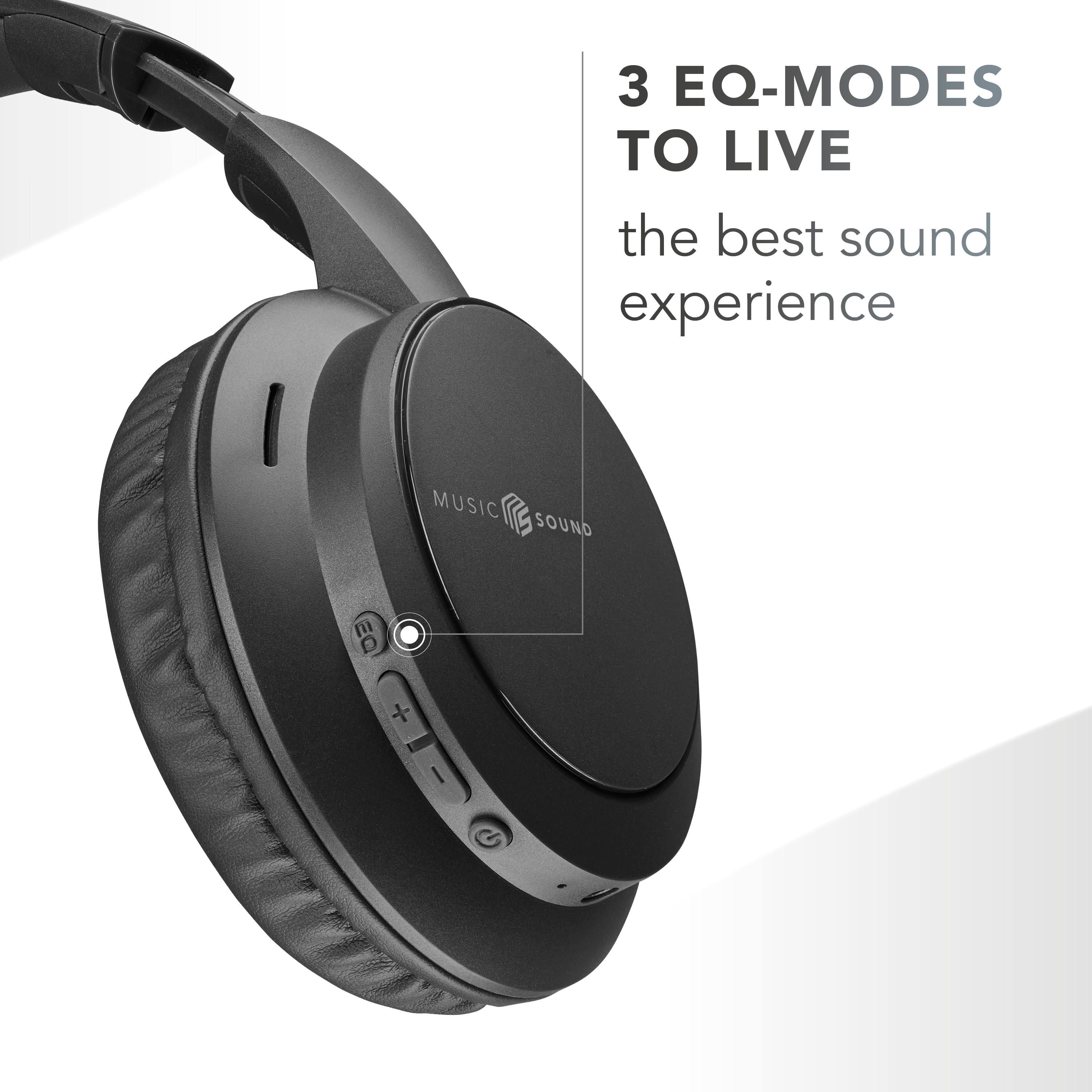 Casque noir avec boutons et branding. Le texte dit : '3 MODES EQ POUR VIVRE la meilleure expérience sonore'.
