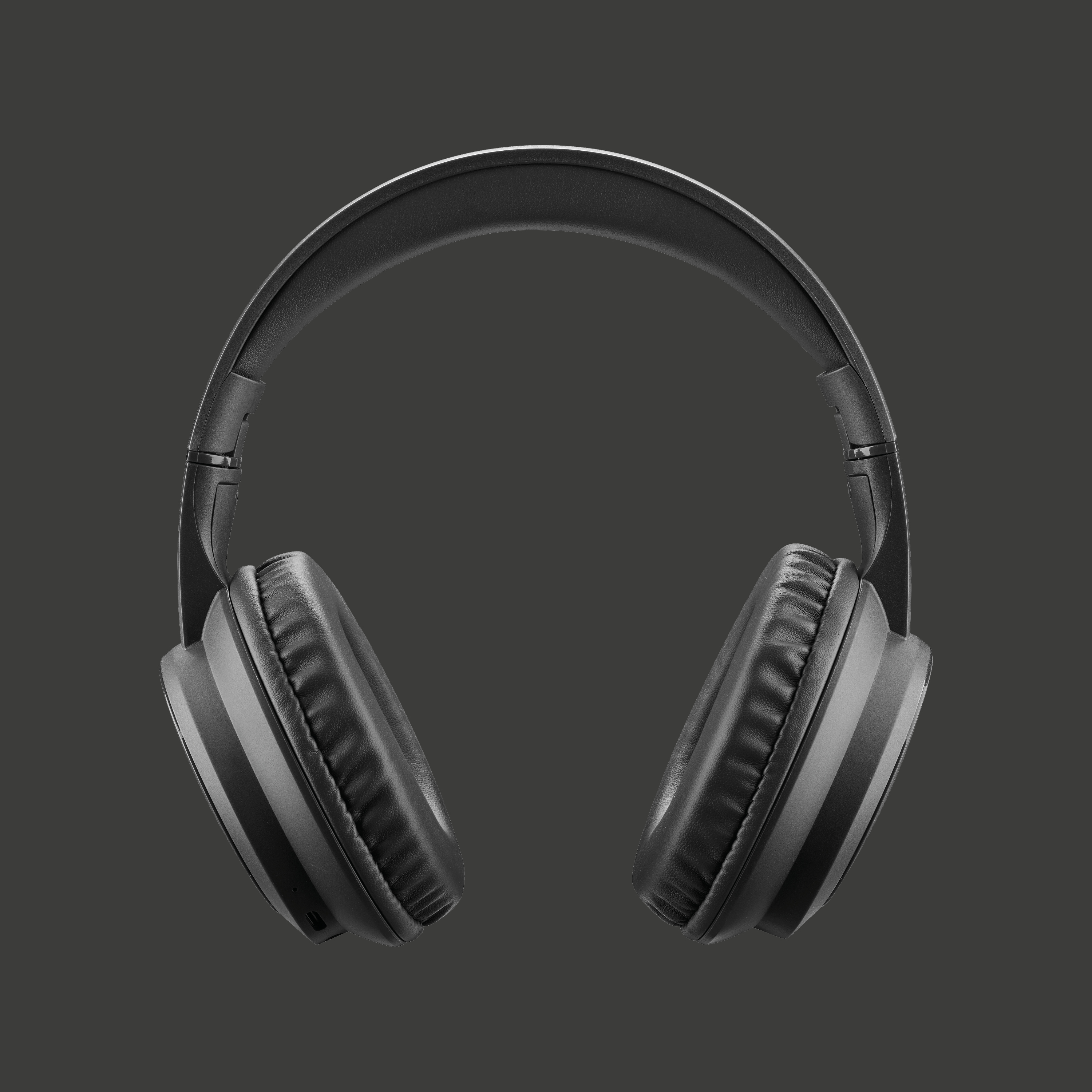 Casque noir centré sur fond gris. Les oreillettes sont grandes et rembourrées. L'arceau se courbe au-dessus.