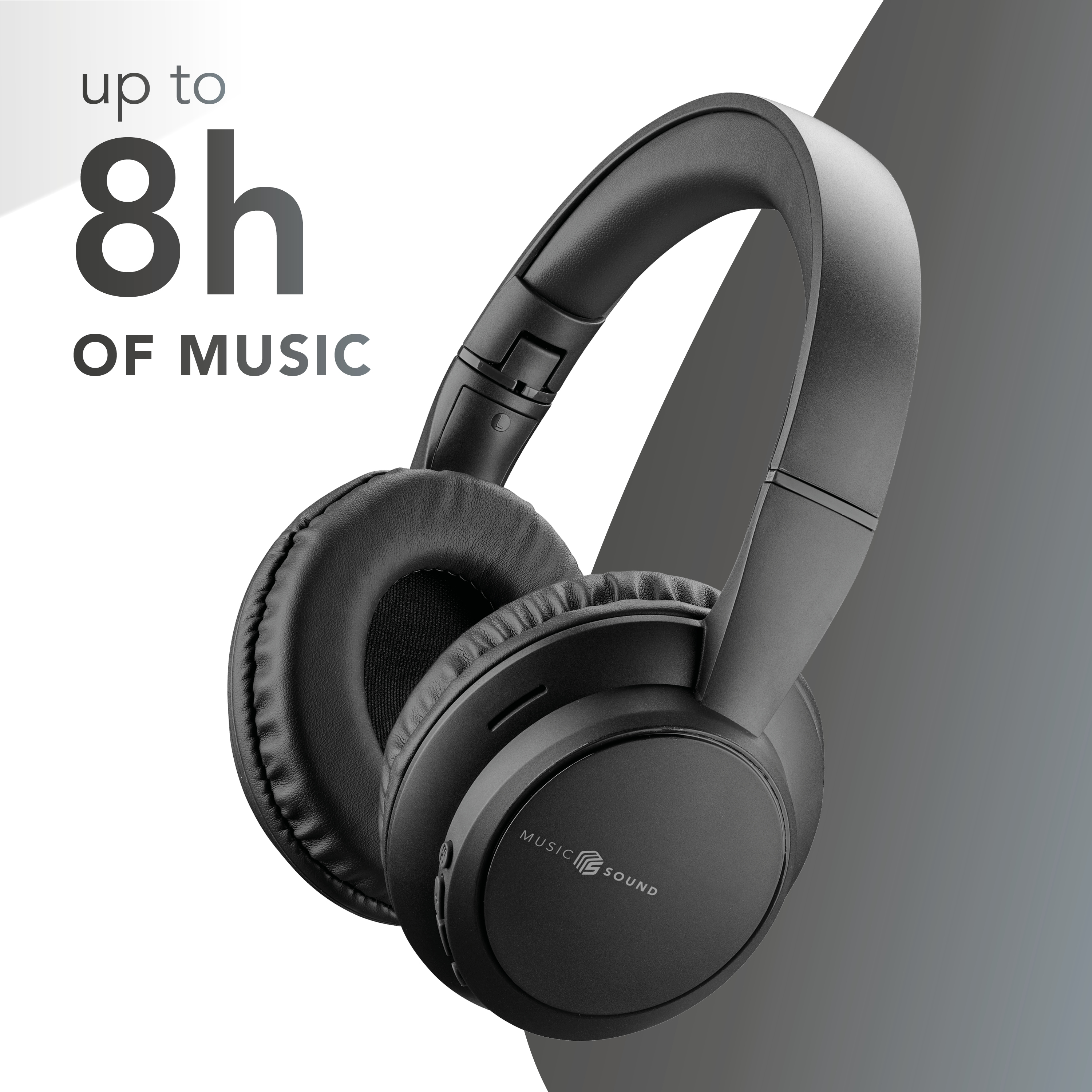 Casque noir sur fond blanc et gris. Le texte indique 'jusqu'à 8h de musique'. Le casque indique 'Music Sound'.
