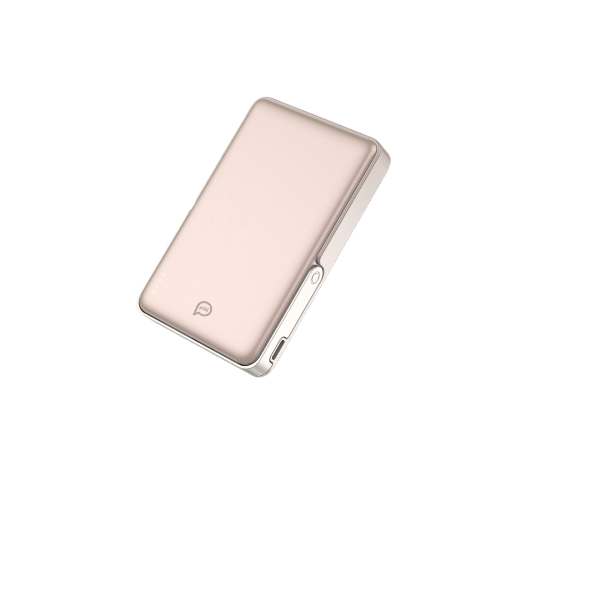 Siyah zemin üzerinde pembe altın bir powerbank. Yuvarlak köşeli dikdörtgen şeklinde, gümüş çerçeveli ve altta logo var.