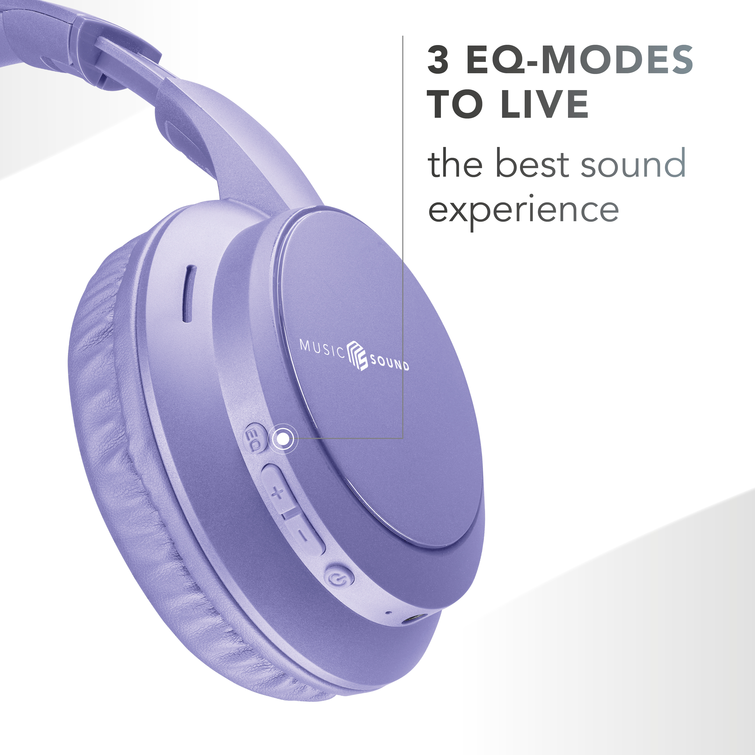 Ein lila Kopfhörer schräg gestellt, im Hintergrund steht '3 EQ-MODES TO LIVE the best sound experience'.