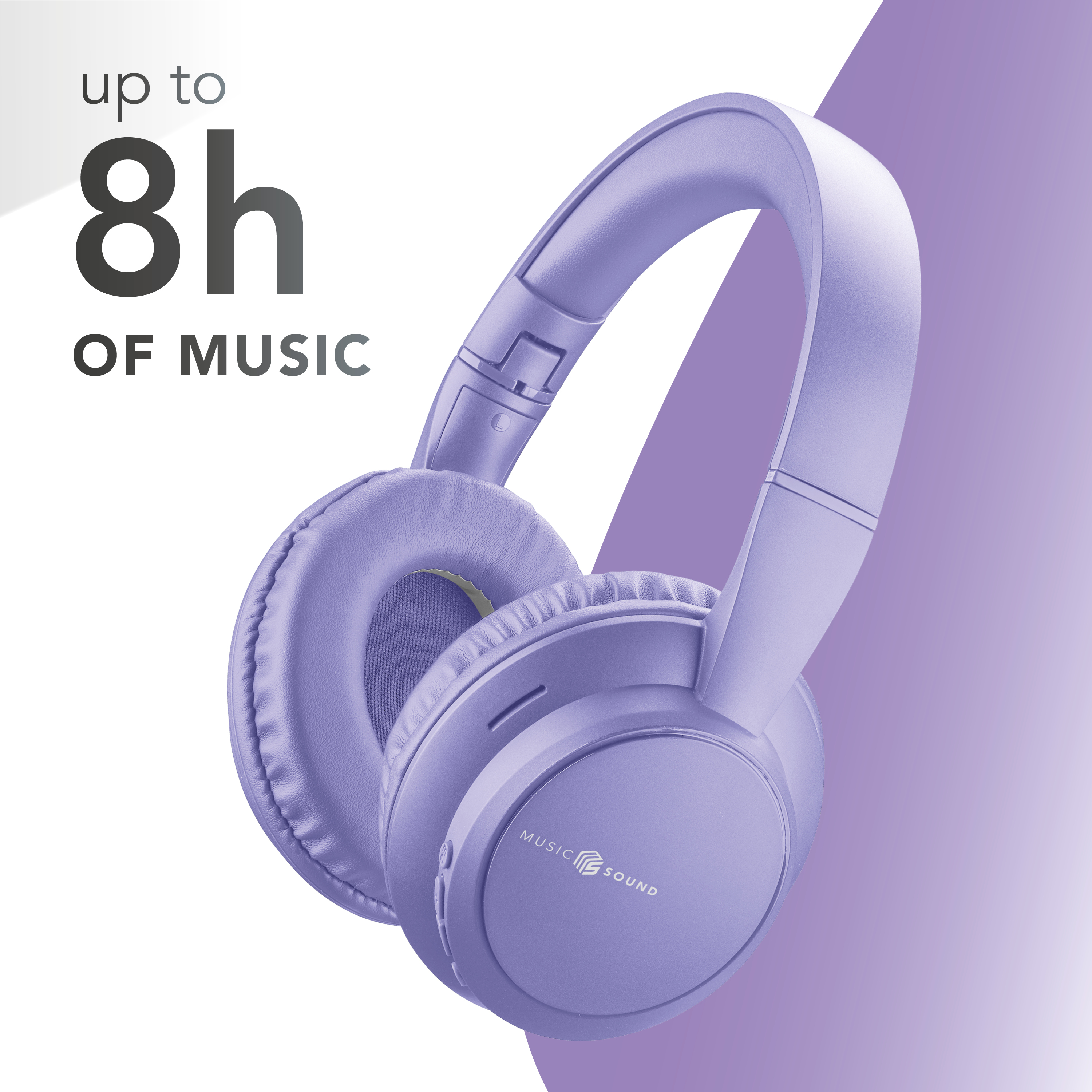 Ein lilafarbenes Headset mit dem Text 'bis zu 8 Stunden Musik' auf einem Farbverlaufhintergrund.