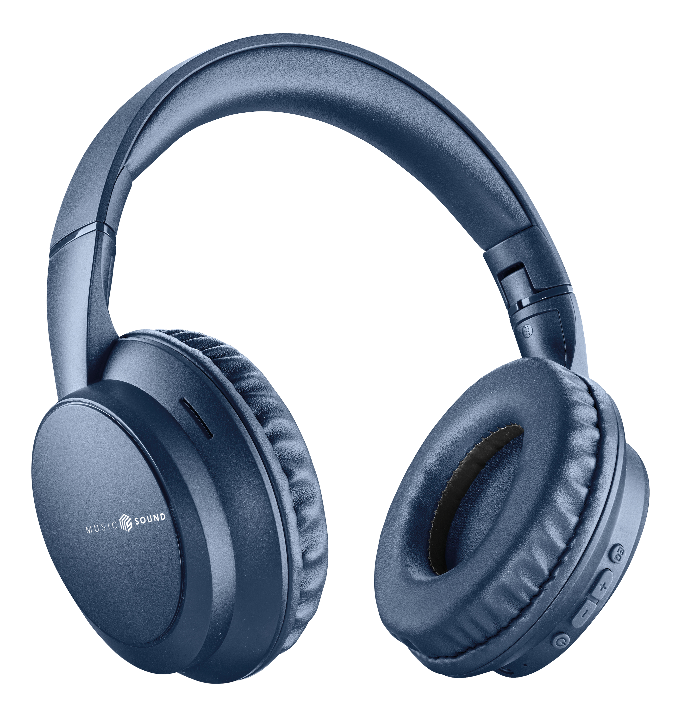 Blaue Kopfhörer mit schwarzem Hintergrund. Merkmale sind das Logo 'MUSIC SOUND' und Steuertasten.
