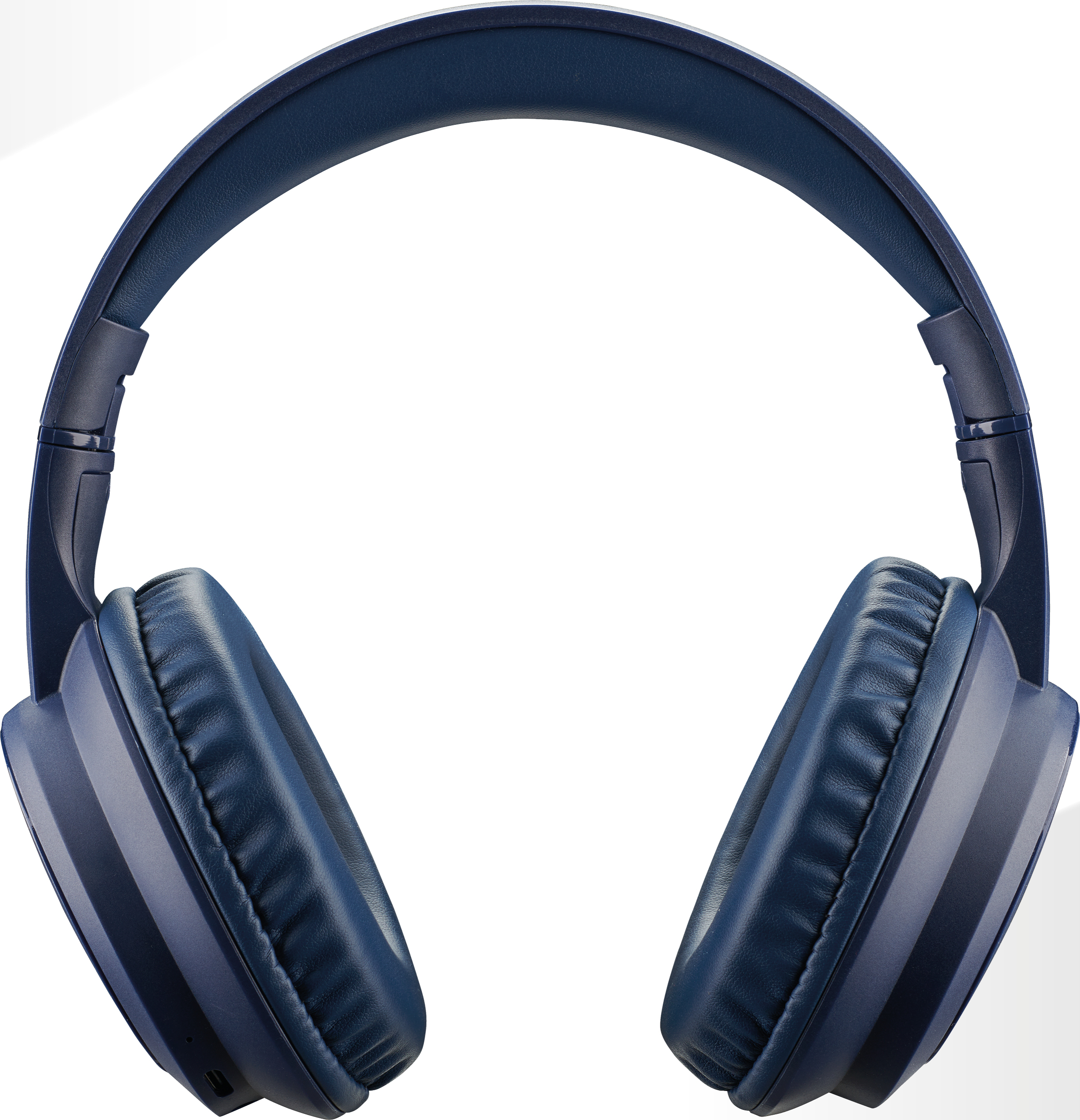 Blaue Kopfhörer auf weißem Hintergrund. Die Kopfhörer sind Over-Ear und haben ein gepolstertes Kopfband und Ohrmuscheln.