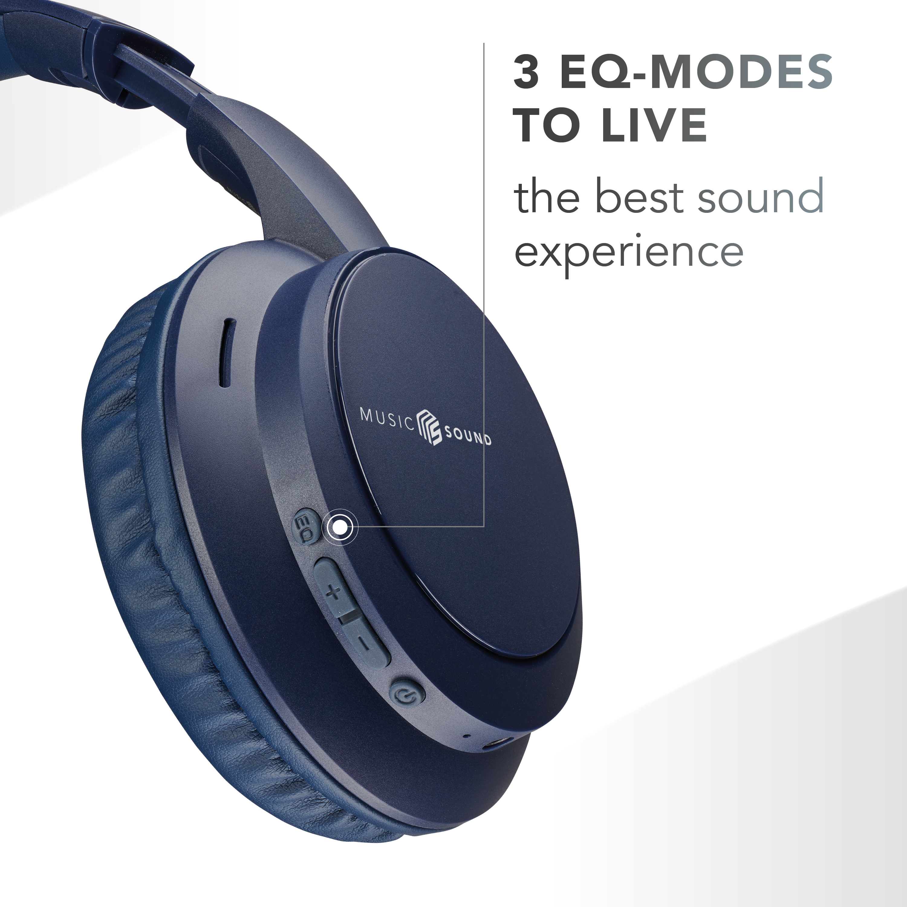 Blaue Kopfhörer mit Text: 3 EQ-MODES TO LIVE, das beste Klangerlebnis. Bedienelemente und Logo sind sichtbar.