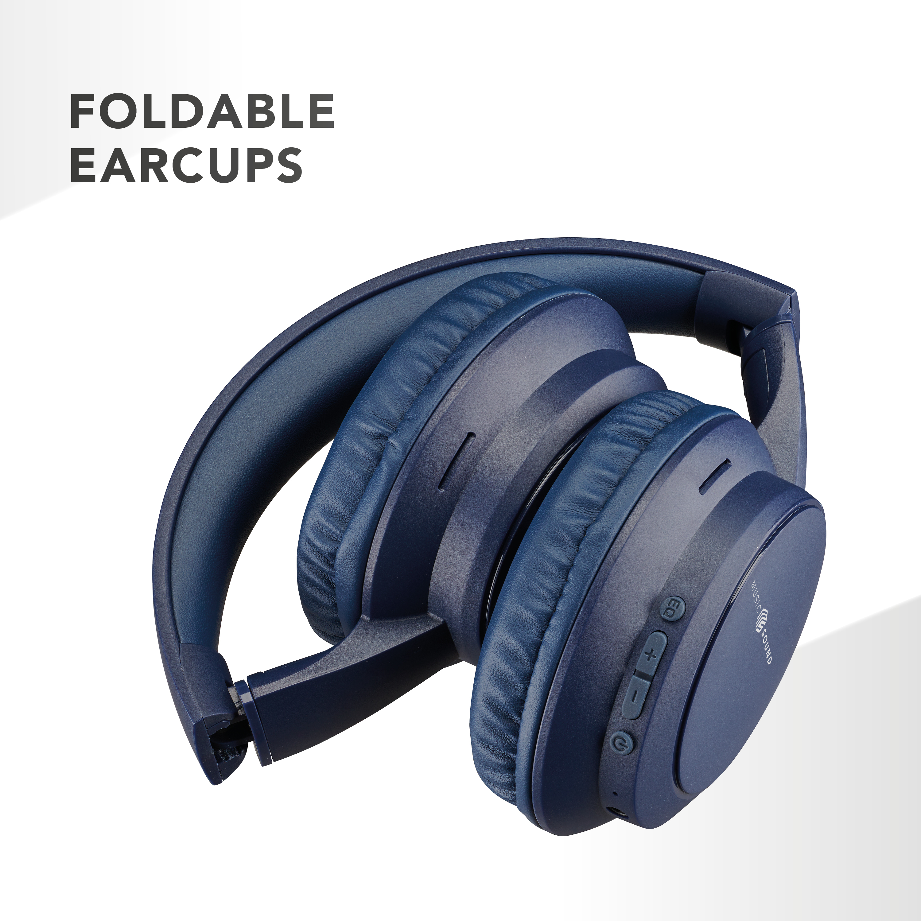 Blaue, zusammenklappbare Kopfhörer auf weißem Hintergrund. Der Text "FOLDABLE EARCUPS" steht oben links.
