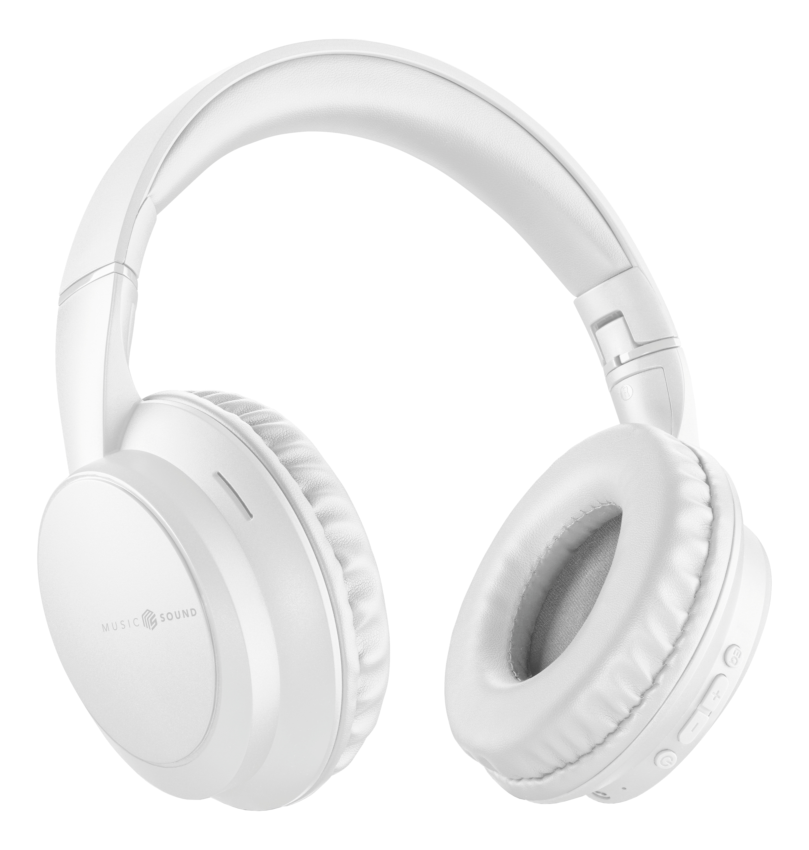 Casque blanc sur fond noir. Le casque a des oreillettes, un bandeau et des boutons de commande.