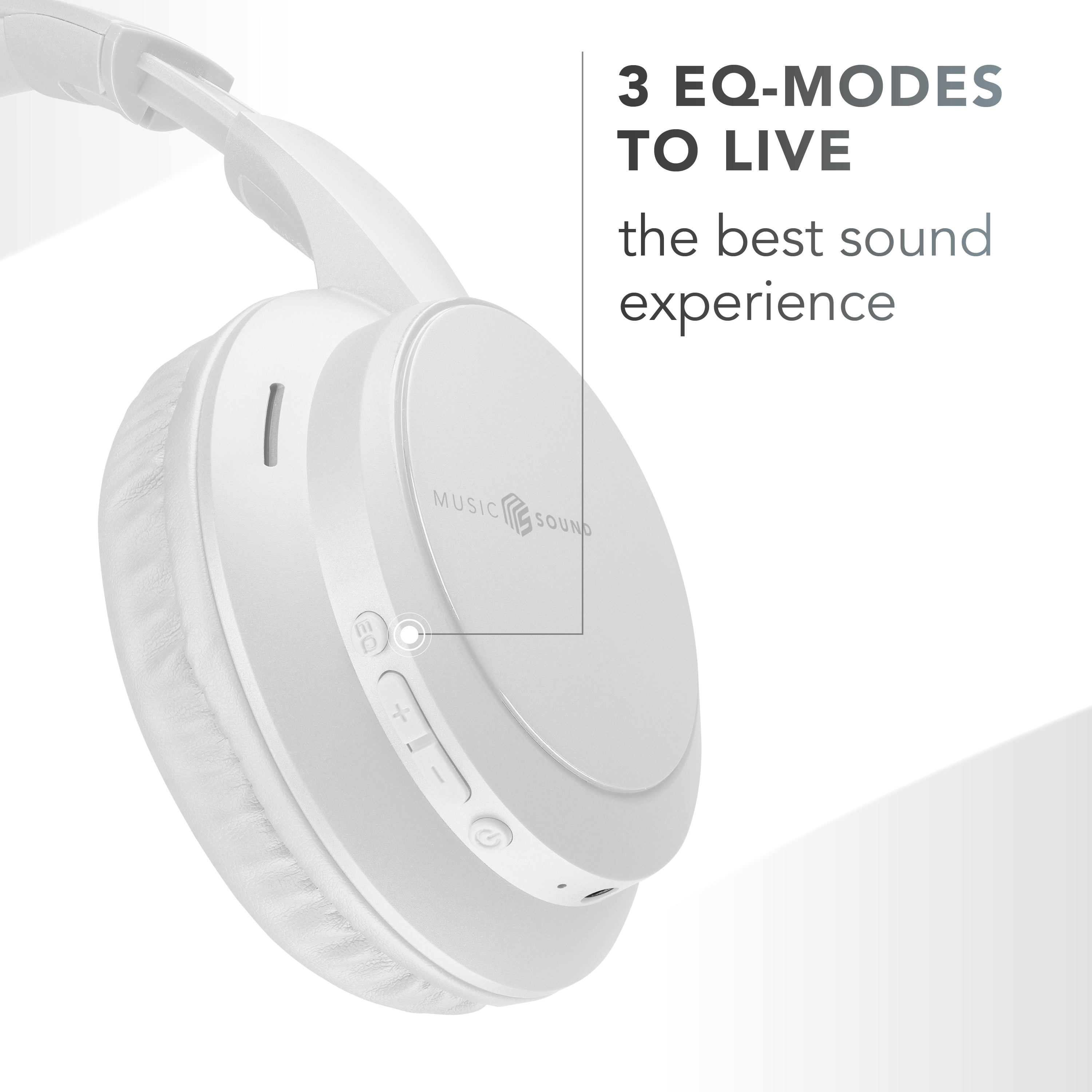 Casque blanc avec boutons de commande et texte : 3 MODES EQ POUR VIVRE, la meilleure expérience sonore.