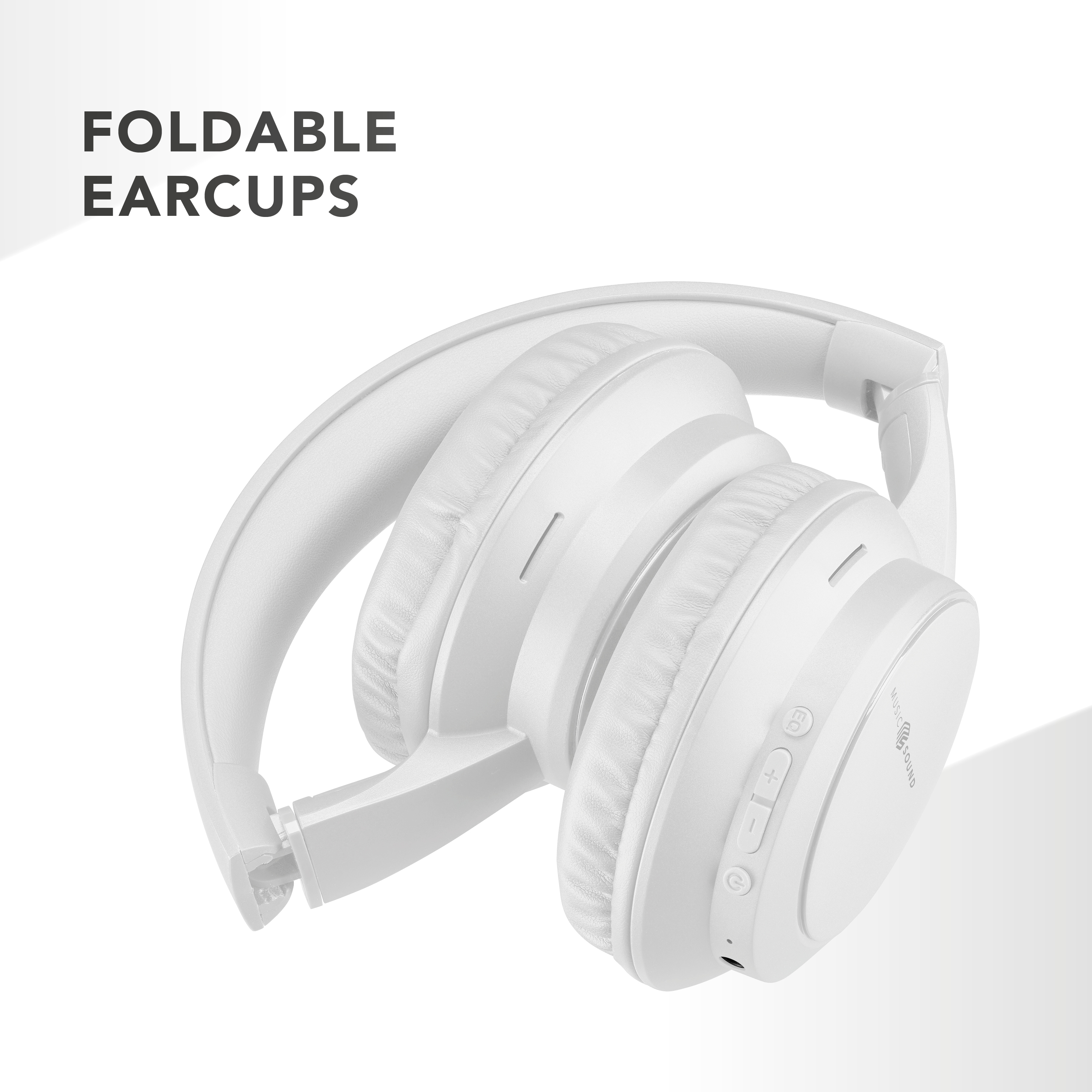 Casque pliable blanc sur fond blanc. Texte 'FOLDABLE EARCUPS' en haut à gauche.